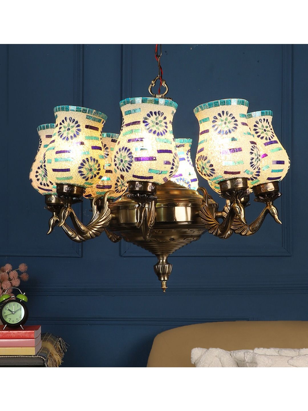 MFD HOME FURNISHING White & Blue Aluminium Traditional Chandelier Price in India