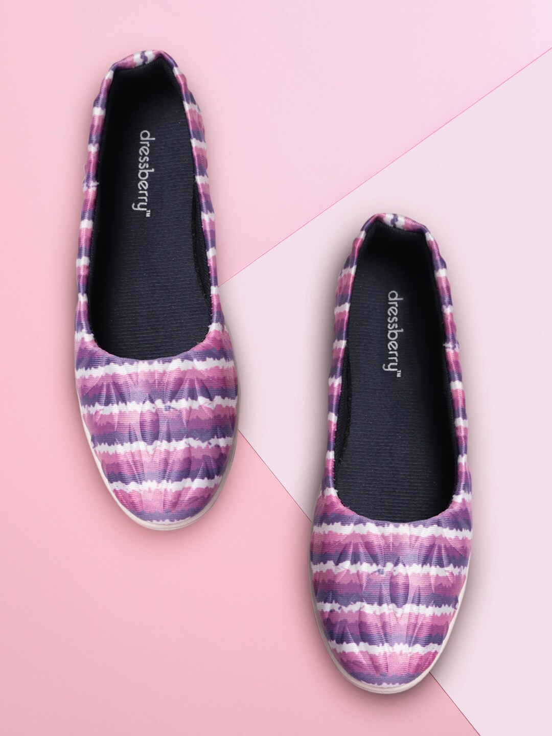 DressBerry Women Pink & Purple Striped Quilted Satin Finish Ballerinas Price in India