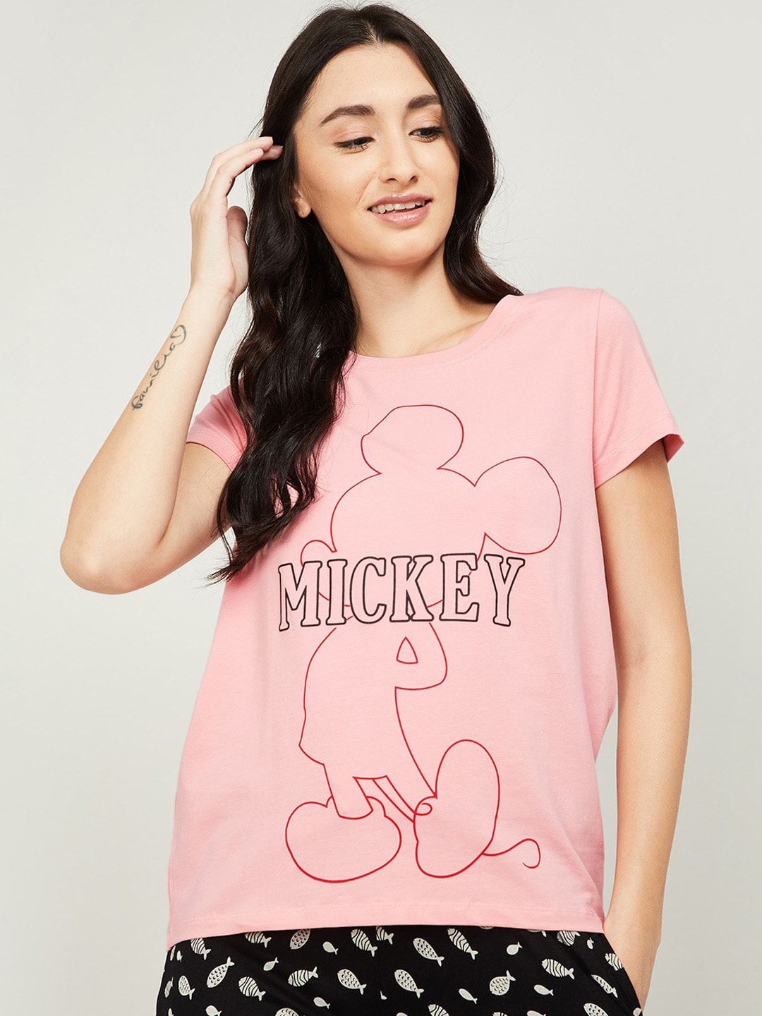 Ginger by Lifestyle Women Pink & Black Printed Lounge T-Shirt Price in India