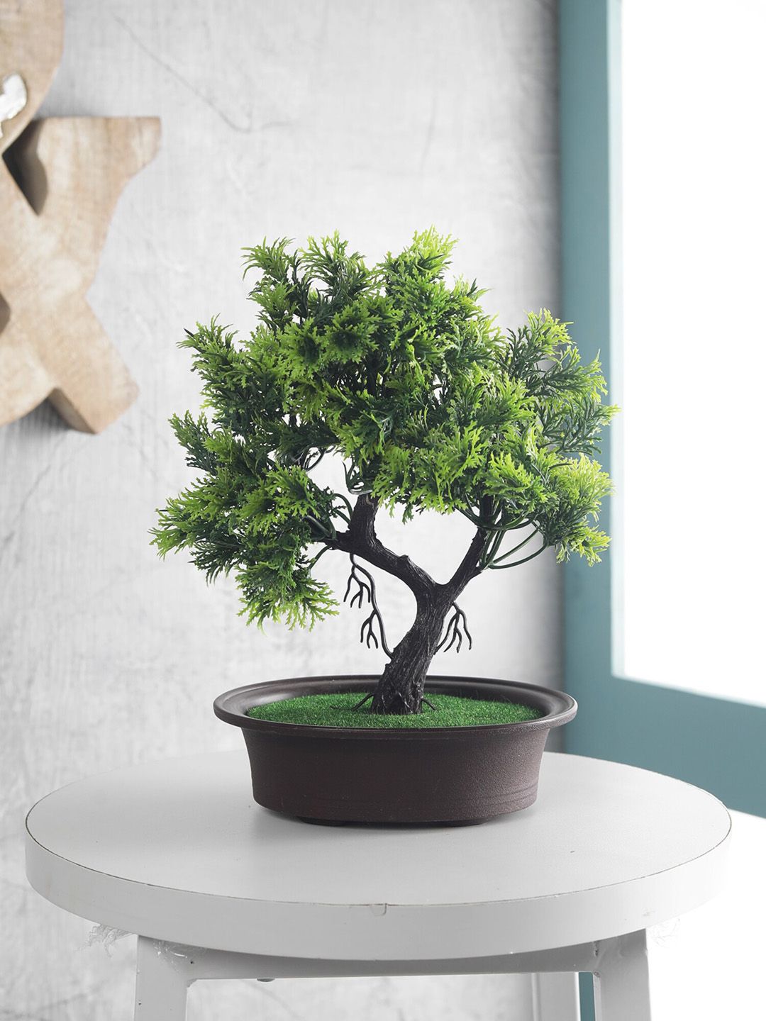 FOLIYAJ Green & Black Artificial Y Shape Bonsai Tree With Leaves Price in India