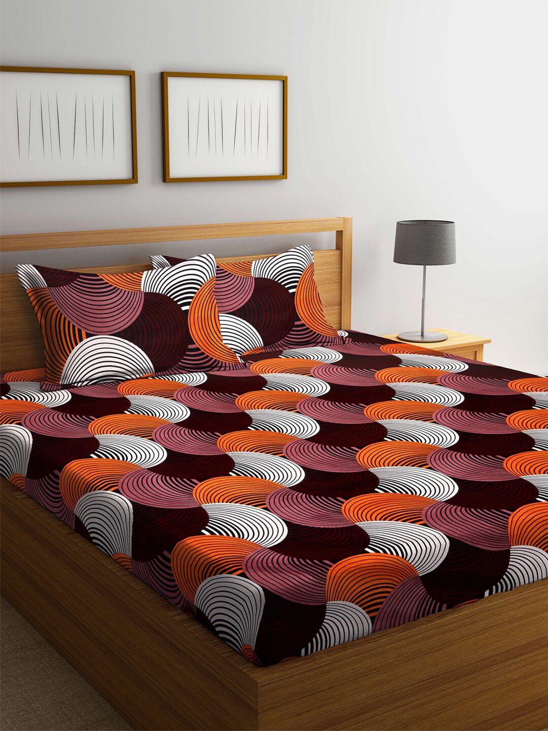 Arrabi Brown & White Geometric 300 TC King Bedsheet With 2 Pillow Covers Price in India