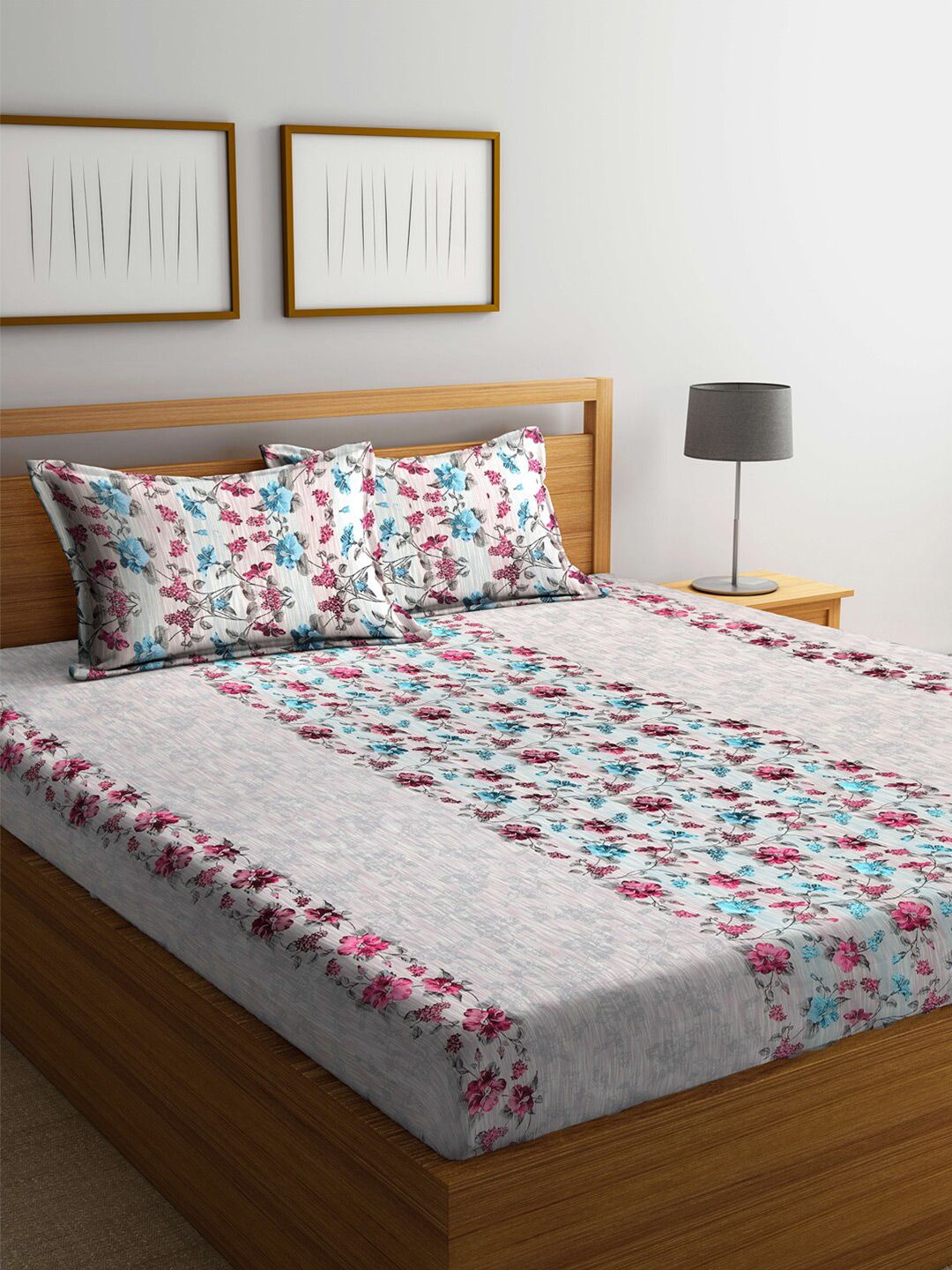 Arrabi Grey & Pink Floral 300 TC King Bedsheet with 2 Pillow Covers Price in India