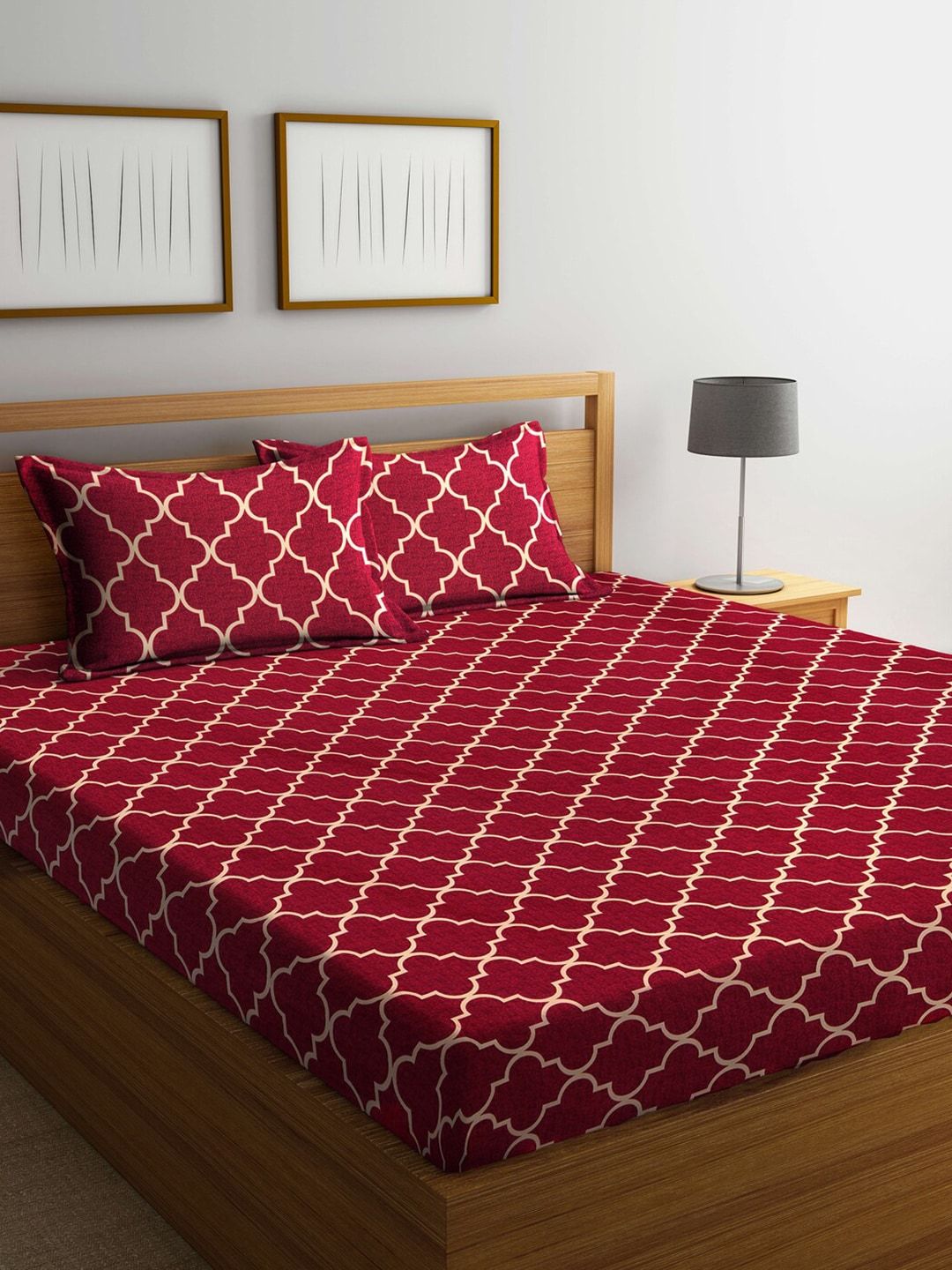 Arrabi Maroon Ethnic Motifs 300 TC King Bedsheet with 2 Pillow Covers Price in India