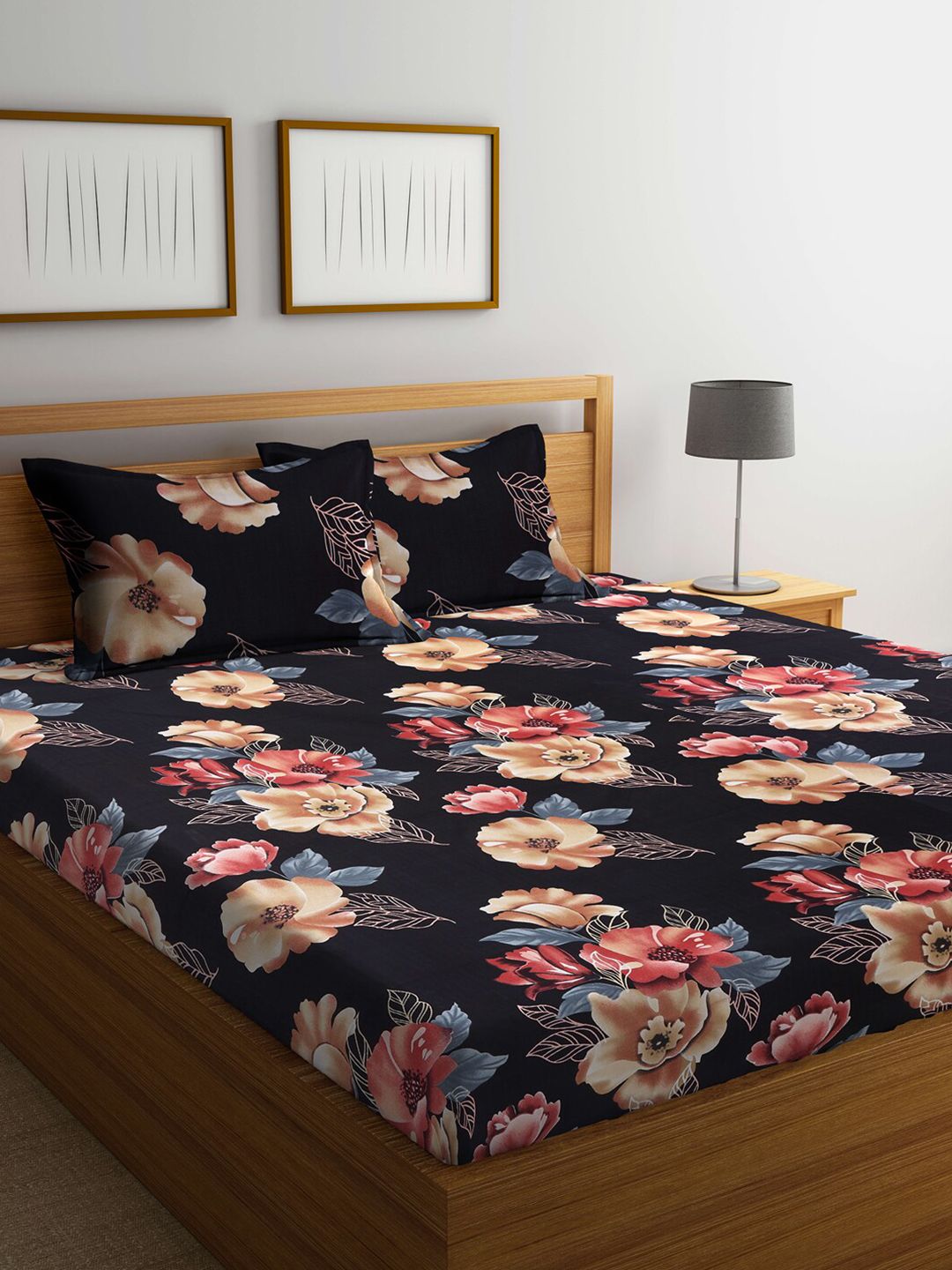 Arrabi Black & Pink Floral 300 TC King Bedsheet with 2 Pillow Covers Price in India