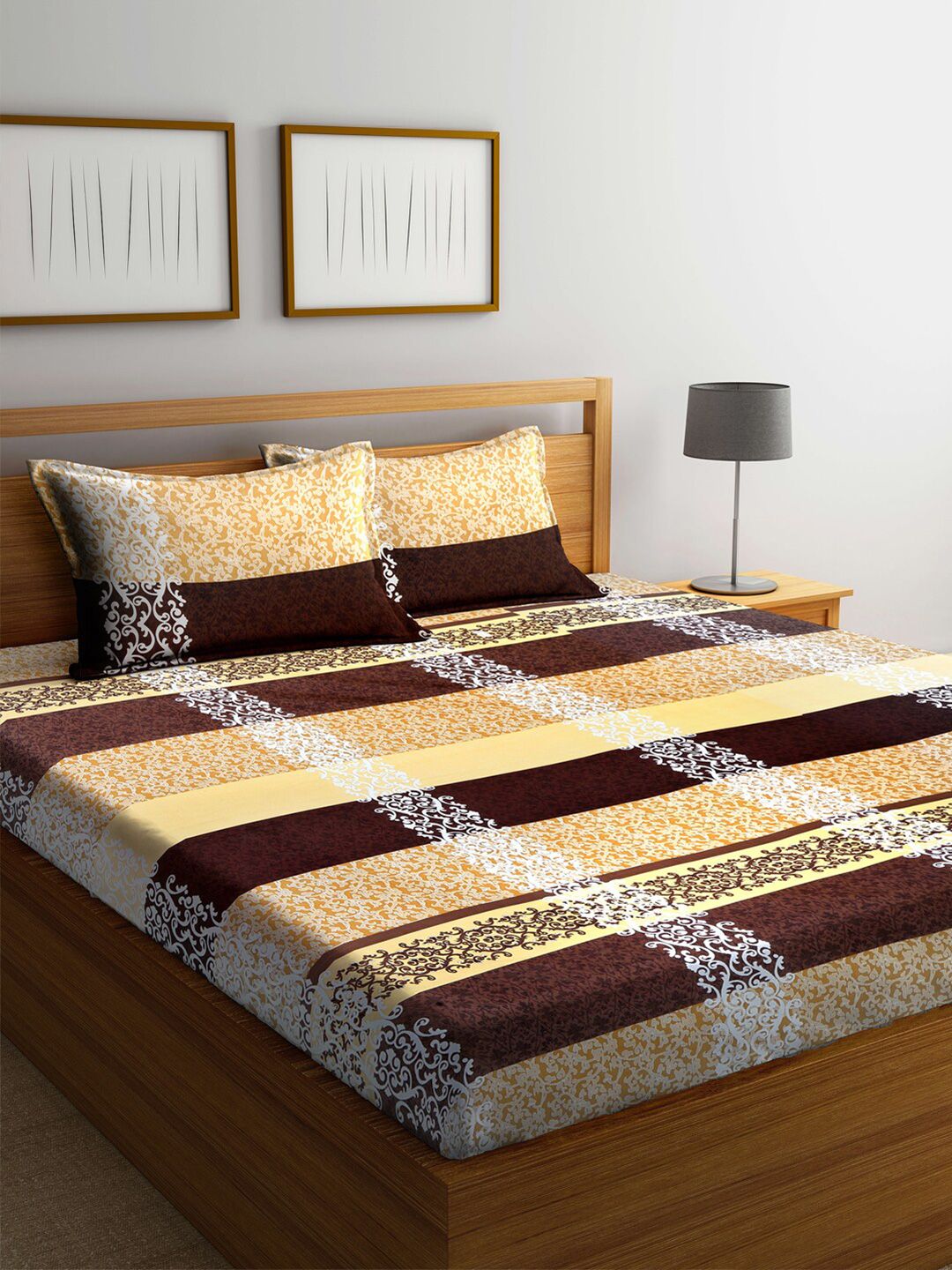 Arrabi Brown & Yellow 300 TC King Bedsheet with 2 Pillow Covers Price in India