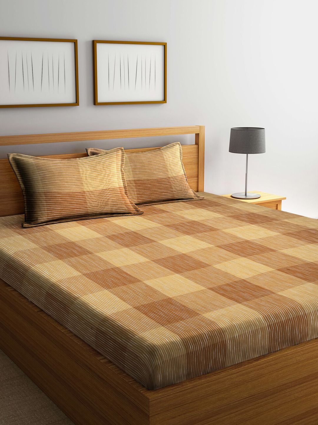 Arrabi Brown Geometric 300 TC Super King Cotton Bedsheet with 2 Pillow Covers Price in India