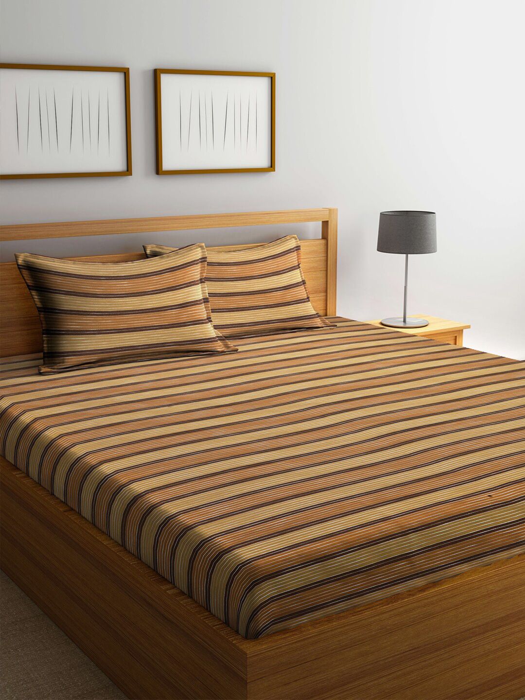 Arrabi Brown & White Striped 300 TC Super King Cotton Bedsheet with 2 Pillow Covers Price in India