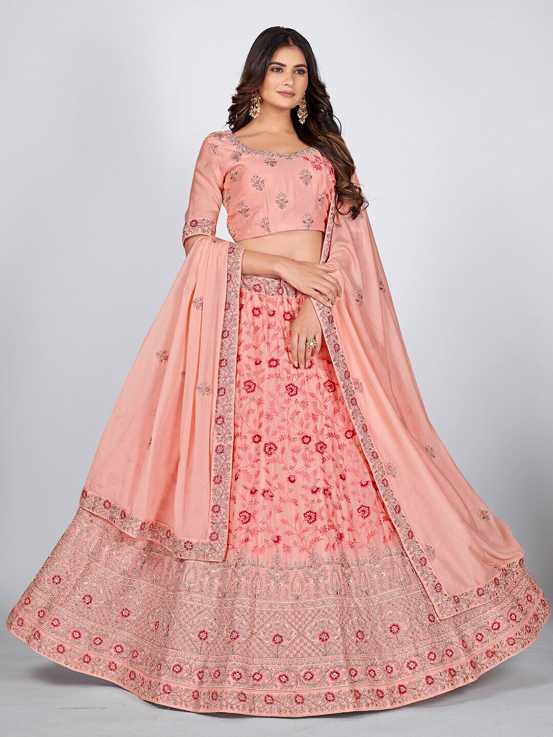 SHOPGARB Peach-Coloured & Red Embellished Beads and Stones Semi-Stitched Lehenga & Unstitched Blouse With Price in India