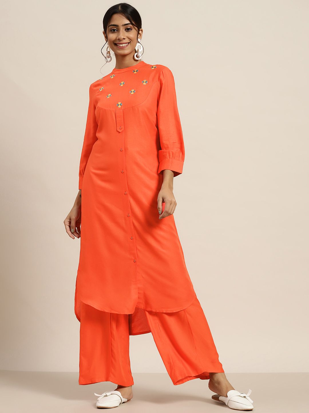 Sangria Women Rust Orange Ethnic Yoke Design Thread Work Straight Kurta & Palazzos Price in India