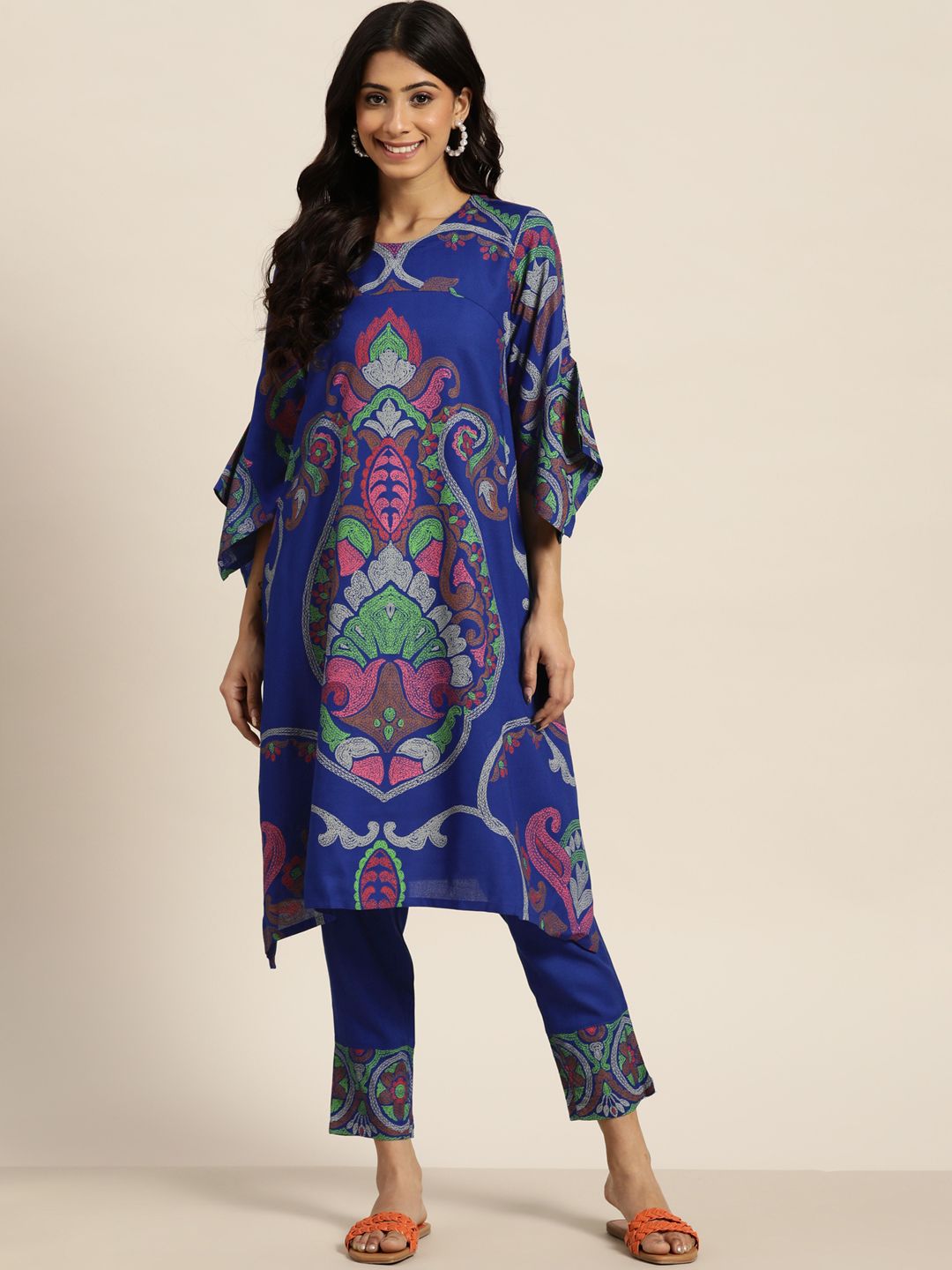 Sangria Women Blue & Pink Printed Kaftan Kurta with Trousers Price in India