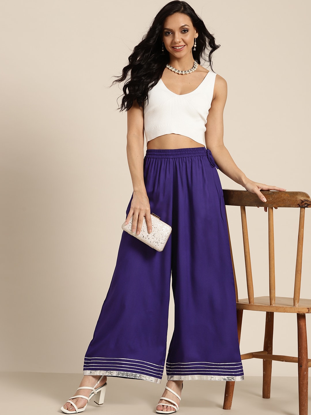 Sangria Women Blue Solid Wide Leg Palazzos Price in India