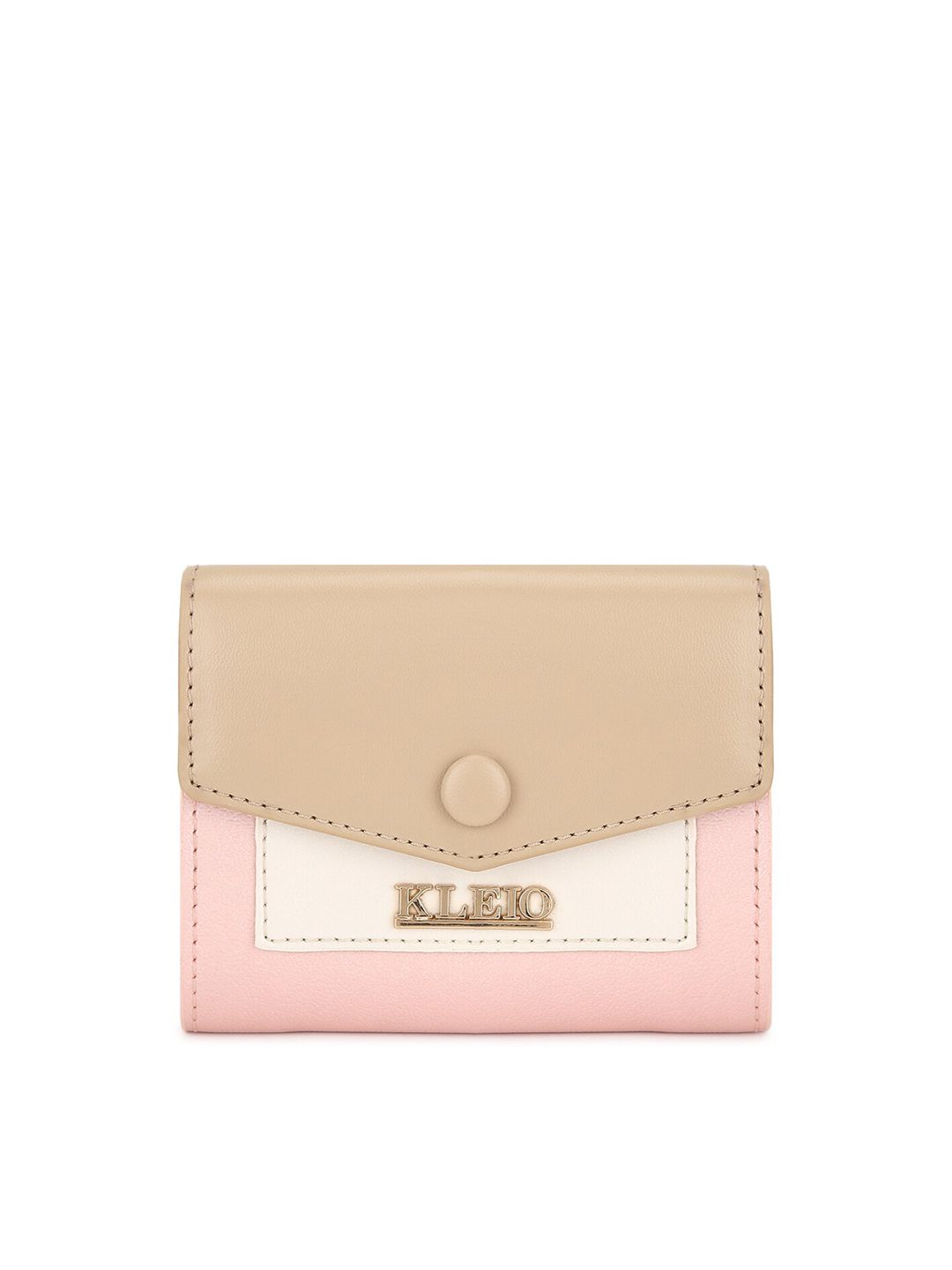 KLEIO Women Beige & Pink Textured Three Fold Wallet Price in India