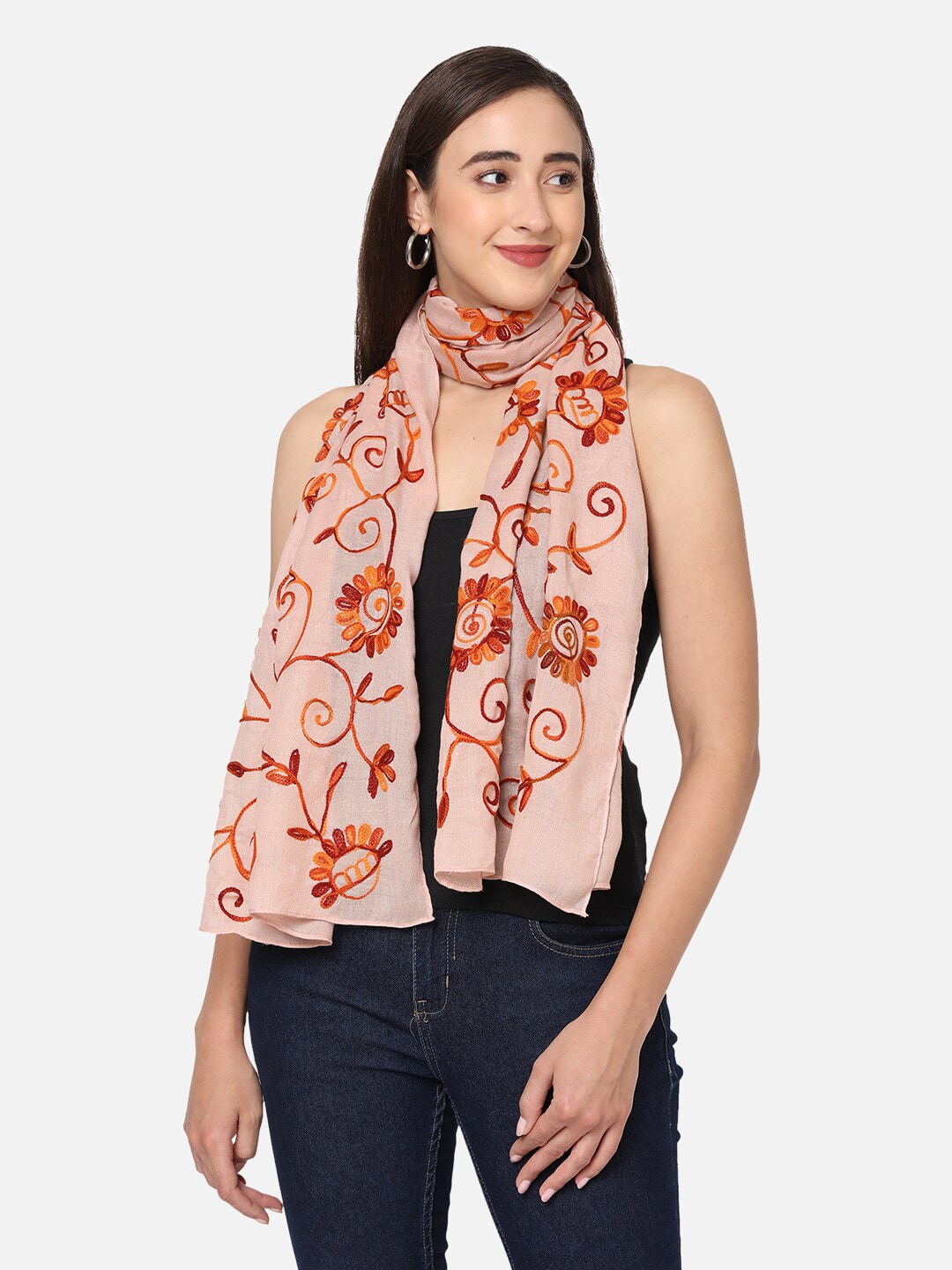 Get Wrapped Women Beige & Maroon Embroidered Scarf Price in India