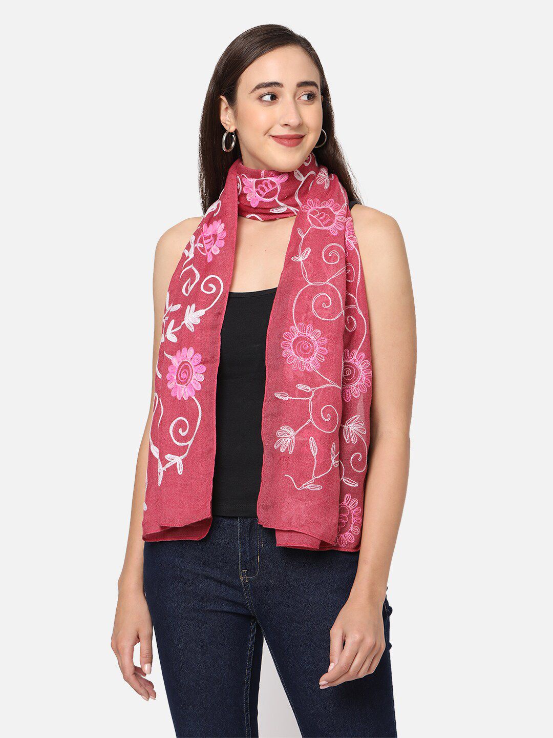 Get Wrapped Women Pink & Off White Embroidered Scarf Price in India