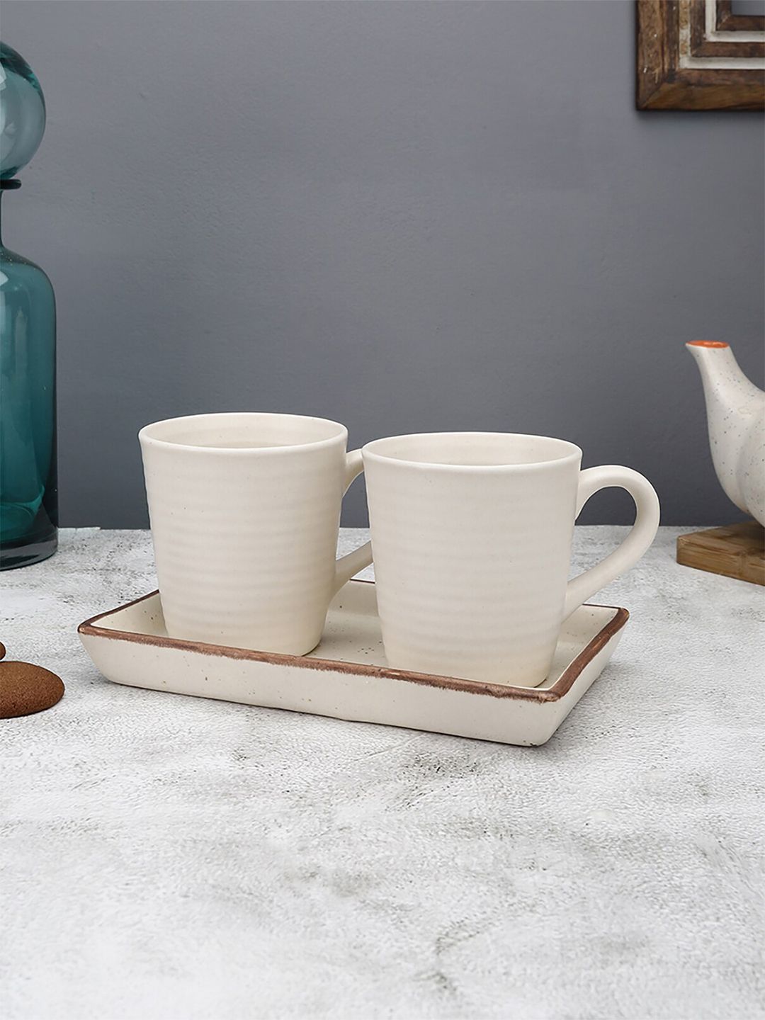 MIAH Decor Set Of 3 Cream-Coloured Handcrafted Solid Stoneware Matte Mugs & Tray Price in India