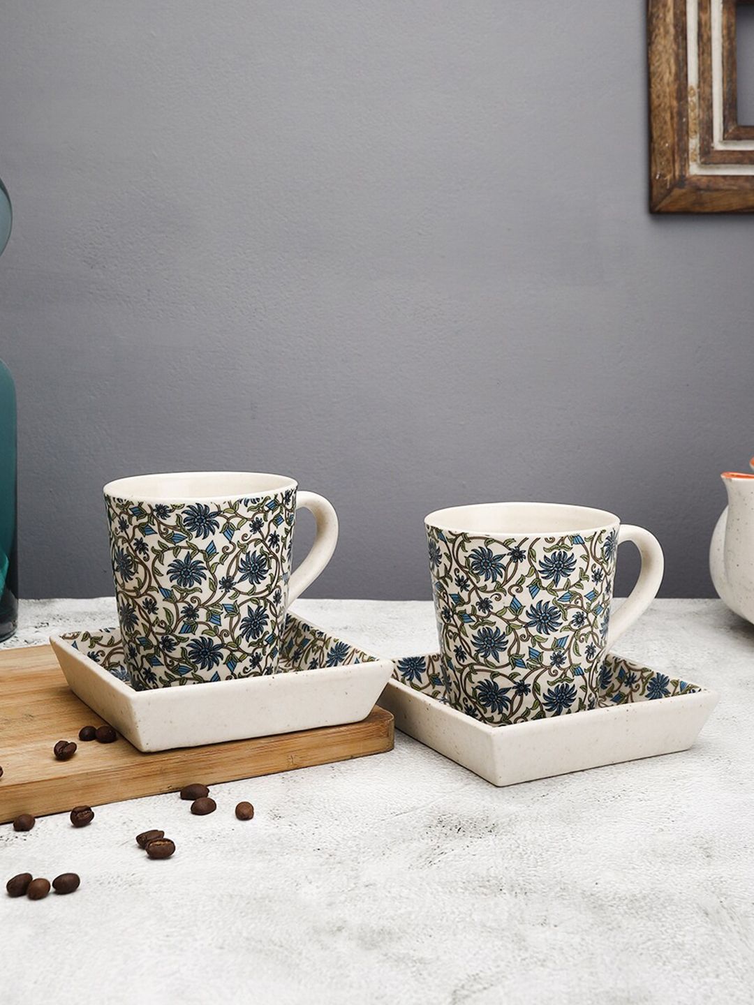 MIAH Decor Set Of 4 Beige & Turquoise Blue Floral Handcrafted Stoneware Matte Mugs & Trays Price in India