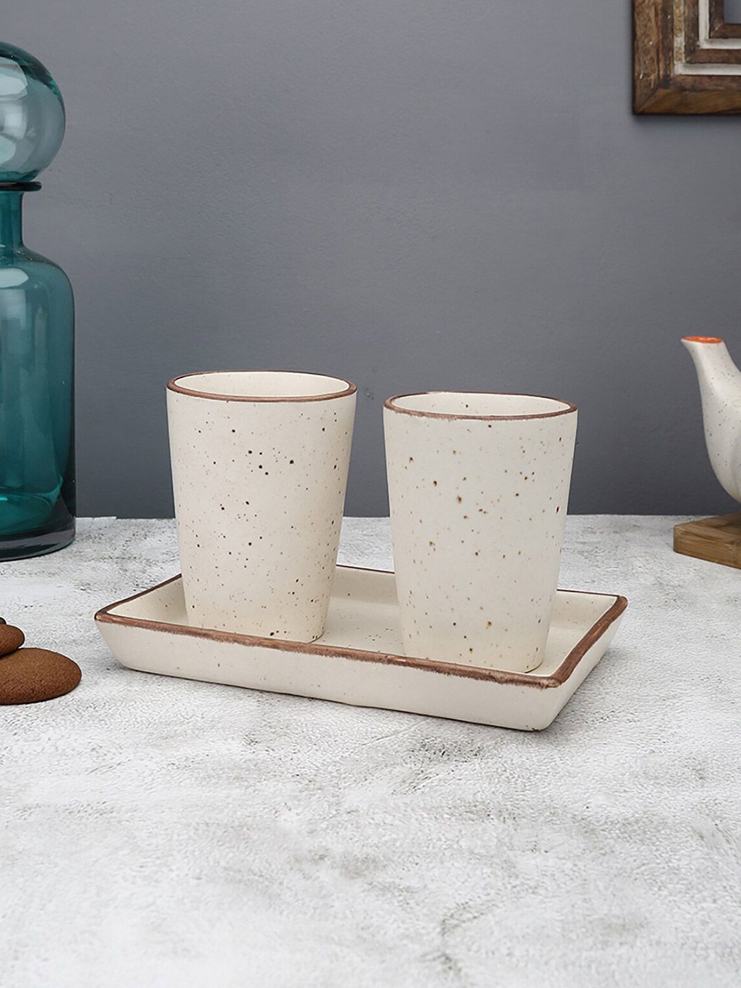 MIAH Decor Set Of 3 Cream-Coloured & Brown Handcrafted Printed Stoneware Matte Mugs & Tray Price in India