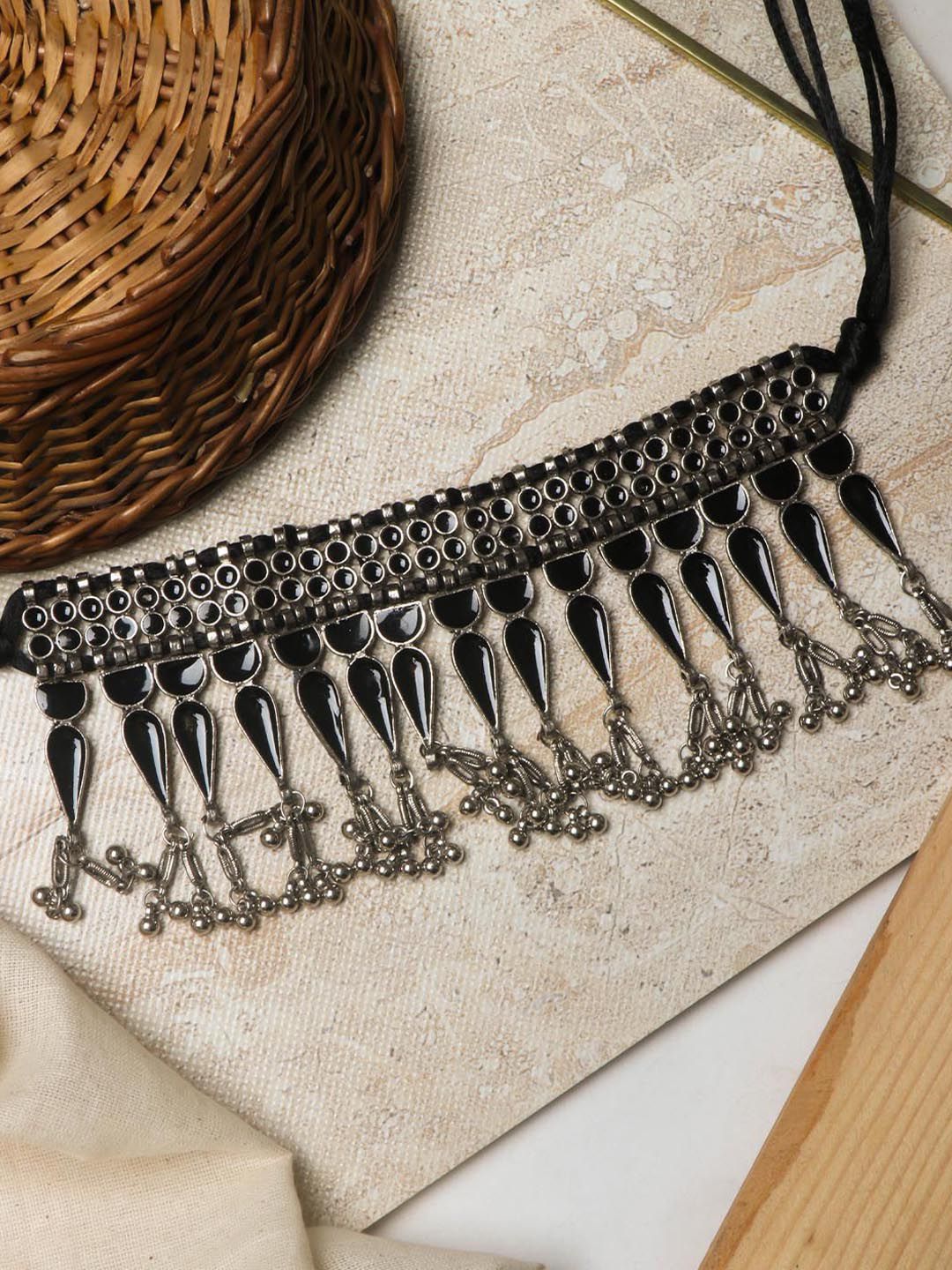 TEEJH Silver-Toned & Black Silver-Plated Oxidised & Enamelled Choker Necklace Price in India