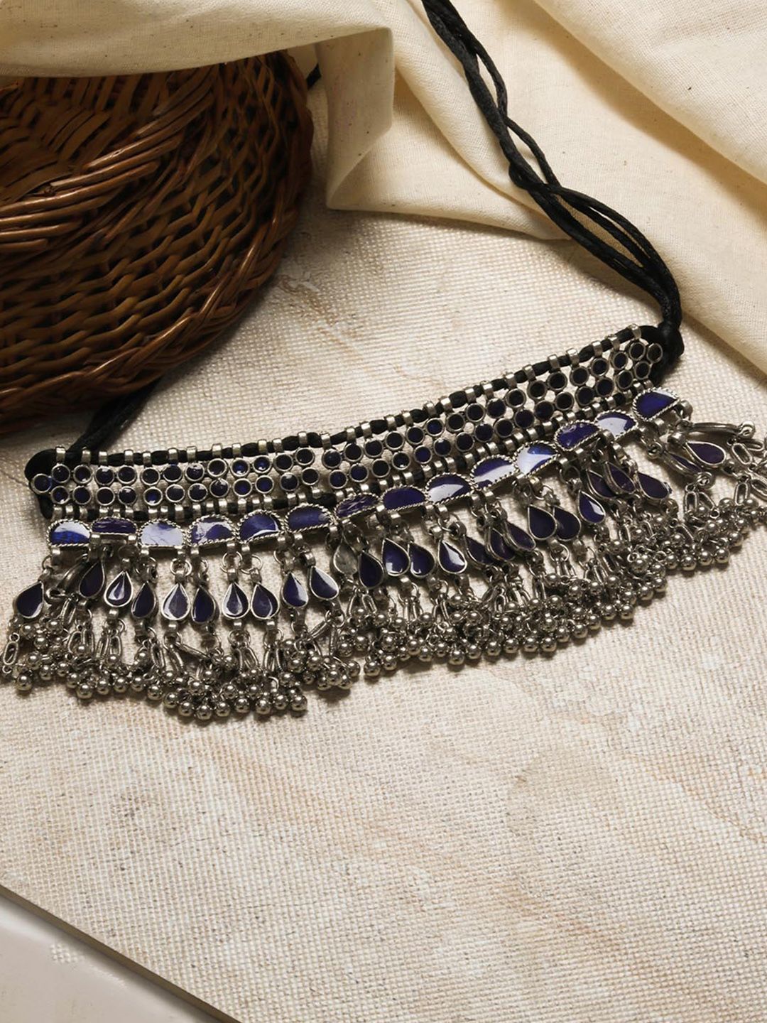 TEEJH Women Silver Blue Oxidised Choker Necklace Price in India
