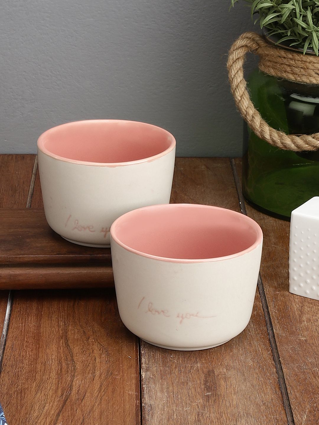 MIAH Decor Cream-Coloured & Pink 2 Pieces Handcrafted Ceramic Matte Bowls Price in India