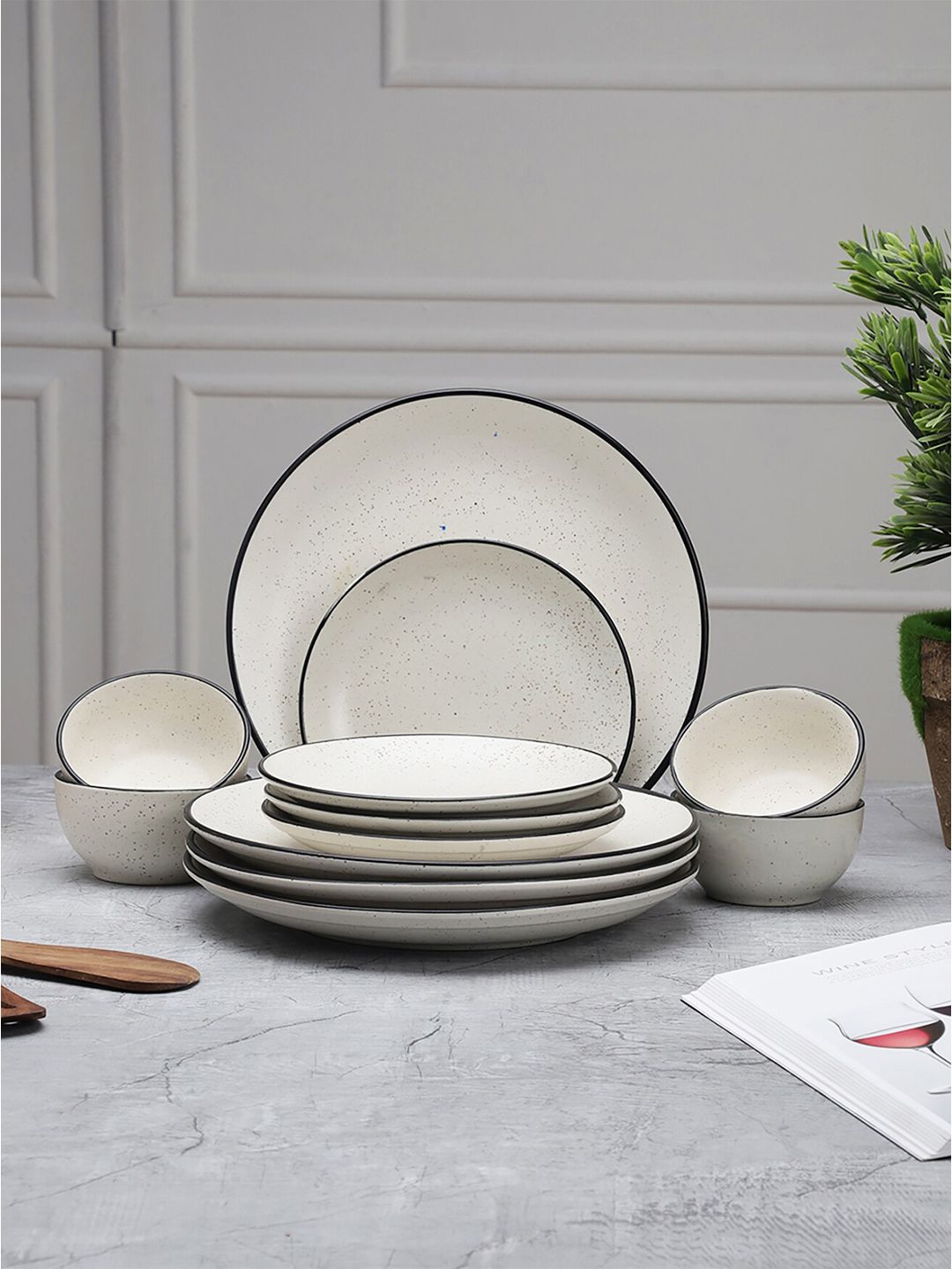 MIAH Decor Off White & Black 12 Pieces Handcrafted Printed Ceramic Matte Dinner Set Price in India