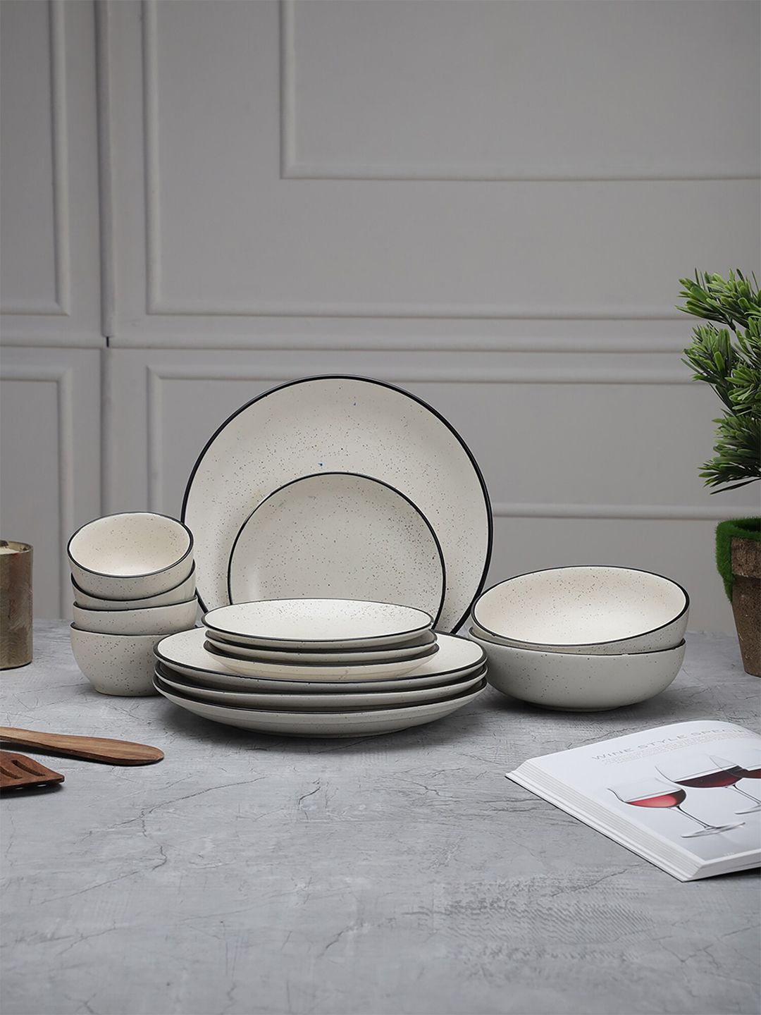 MIAH Decor White & Black 14 Pieces Handcrafted Textured Ceramic Matte Dinner Set Price in India