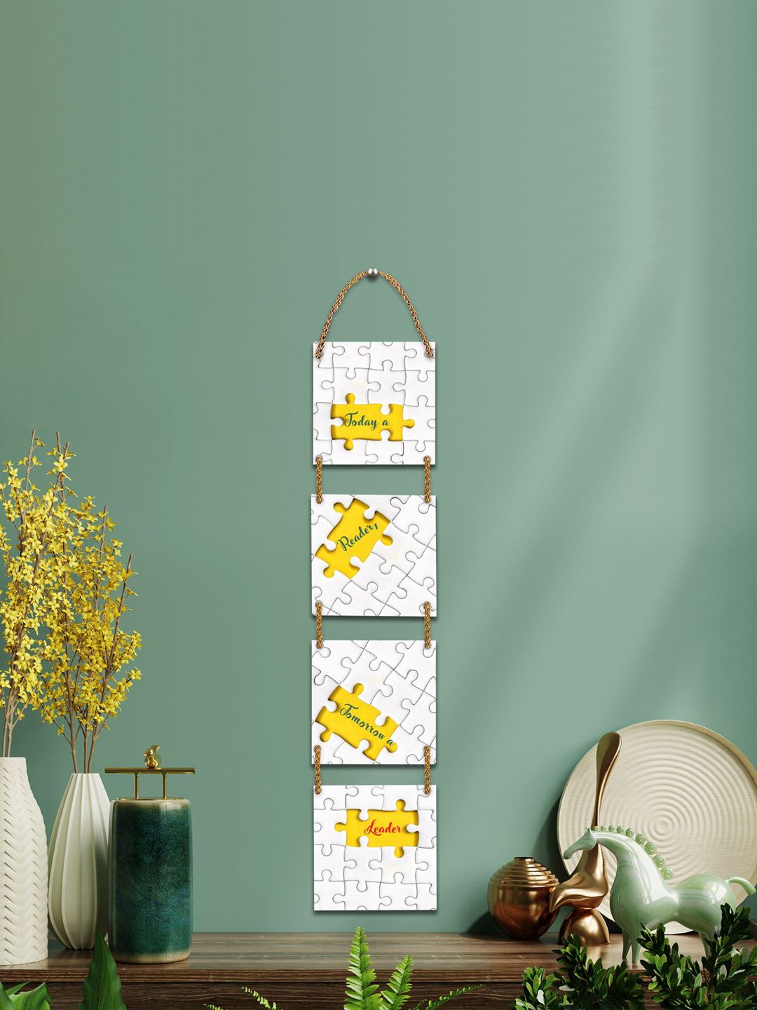 ROMEE White & Yellow Printed Wooden Wall Hanging Price in India