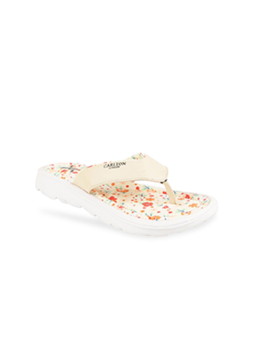 Carlton London sports Women Cream-Coloured & Orange Printed Thong Flip-Flops Price in India