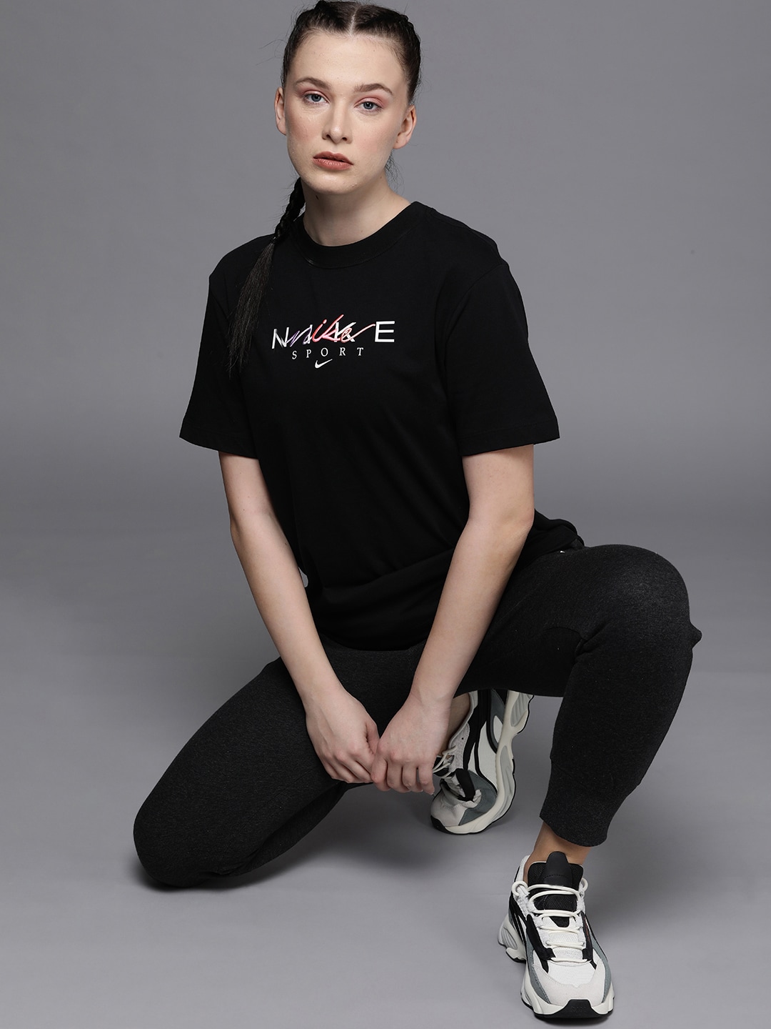 Nike Black Brand Logo Printed AS NSW Boyfriend Craft Pure Cotton Gym Pure Cotton T-shirt Price in India