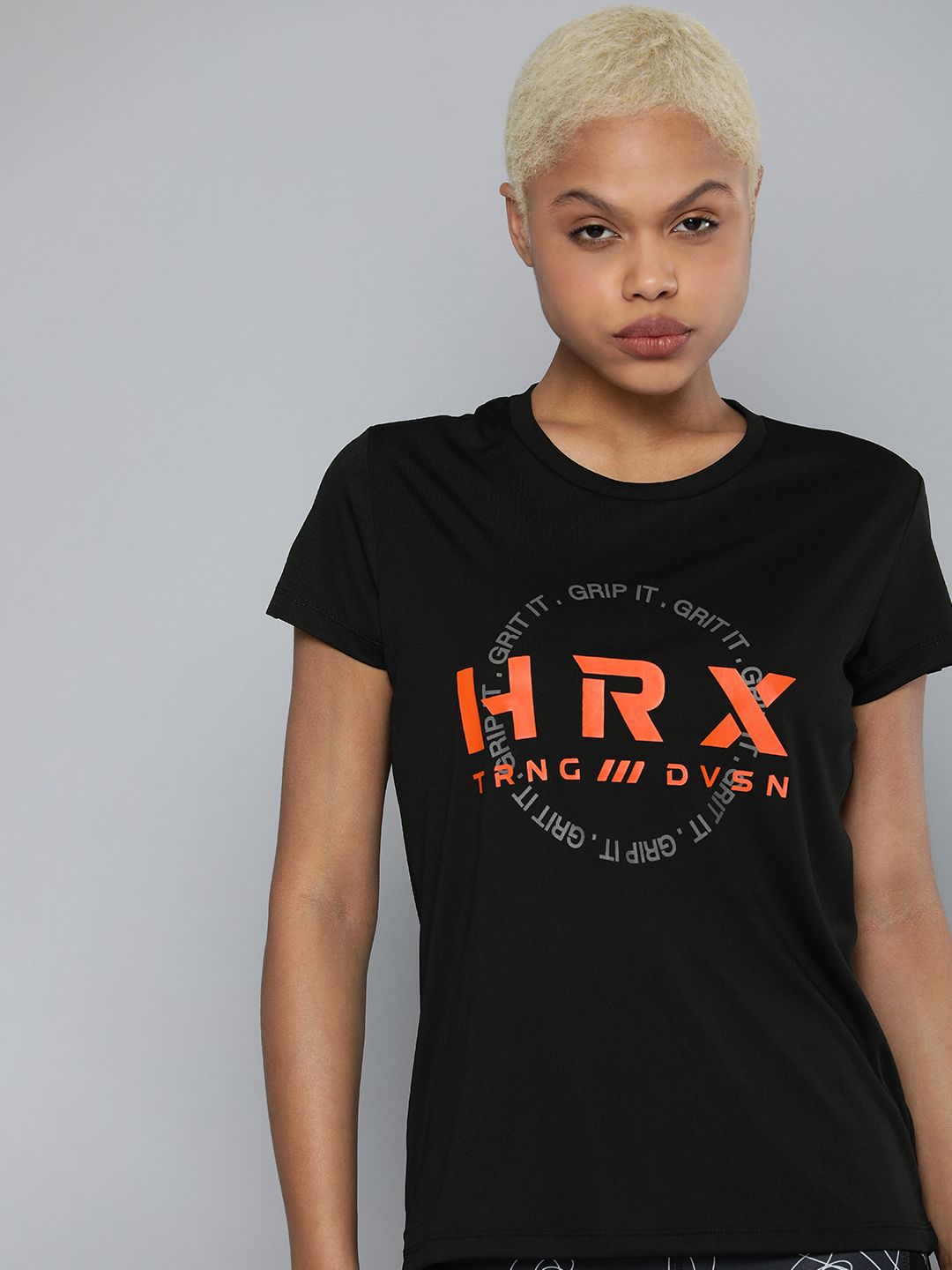 HRX By Hrithik Roshan Training Women Jet Black Rapid-Dry Brand Carrier Tshirt Price in India