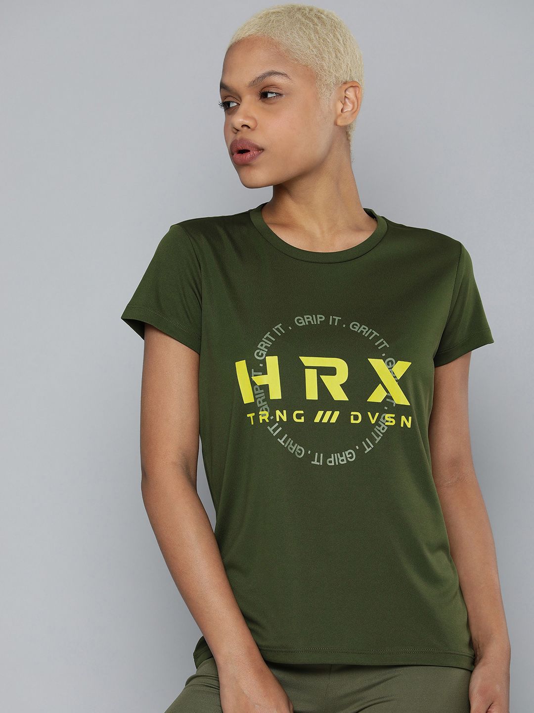 HRX By Hrithik Roshan Training Women Kombu Green Rapid-Dry Brand Carrier Tshirt Price in India