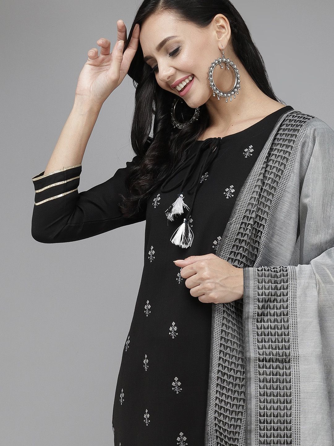 Indo Era Women Black Floral Embroidered Regular Kurta with Palazzos & Dupatta Price in India