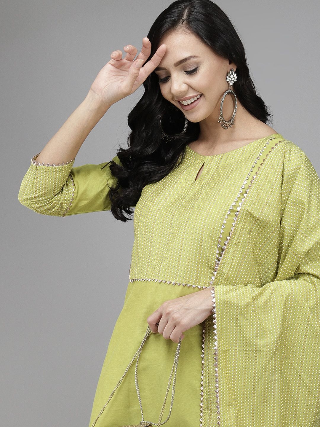 Indo Era Women Green Yoke Design Regular Gotta Patti Kurta with Trousers & Dupatta Price in India