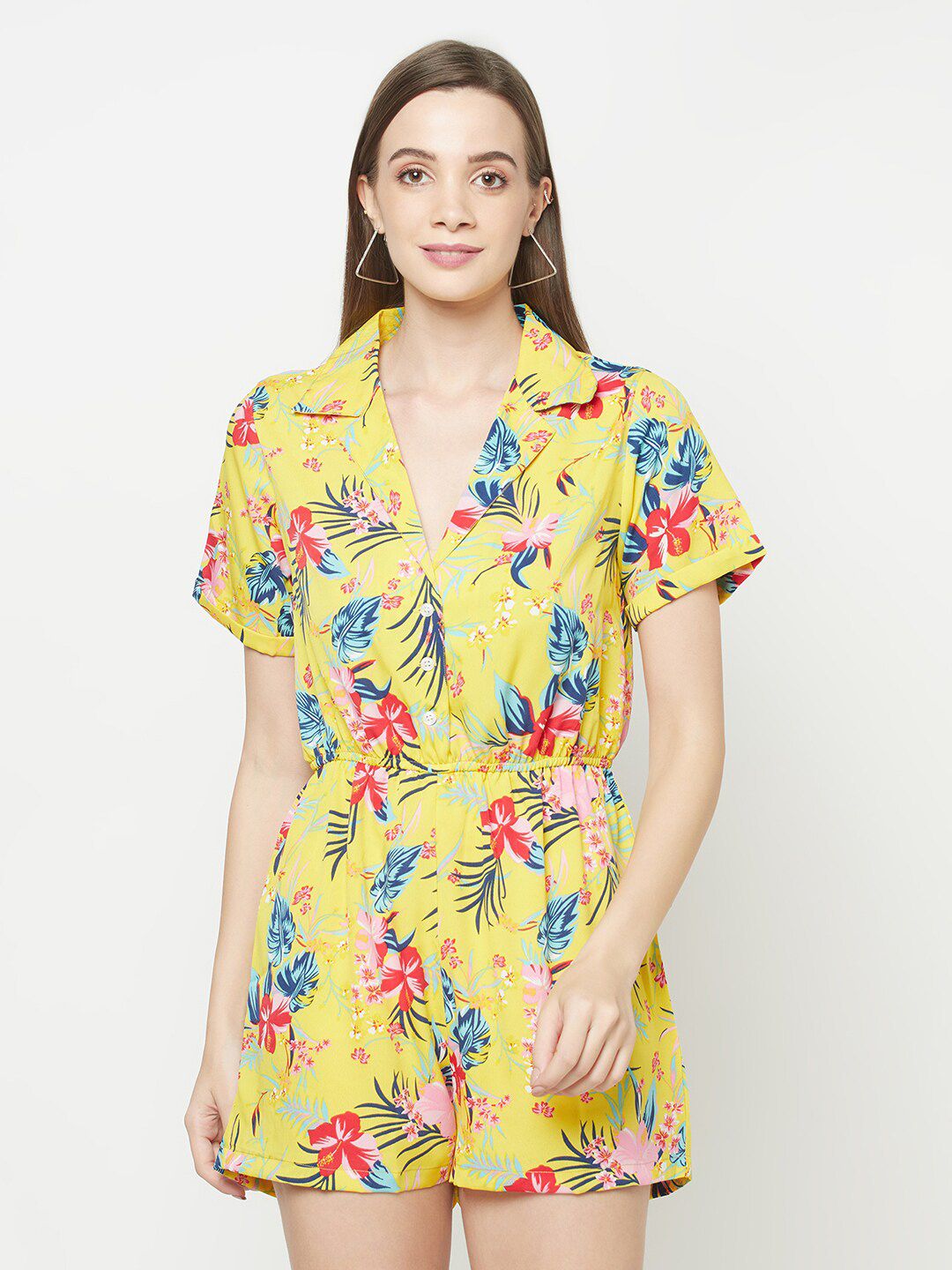 Purple State Women Yellow Floral Printed Playsuit Price in India