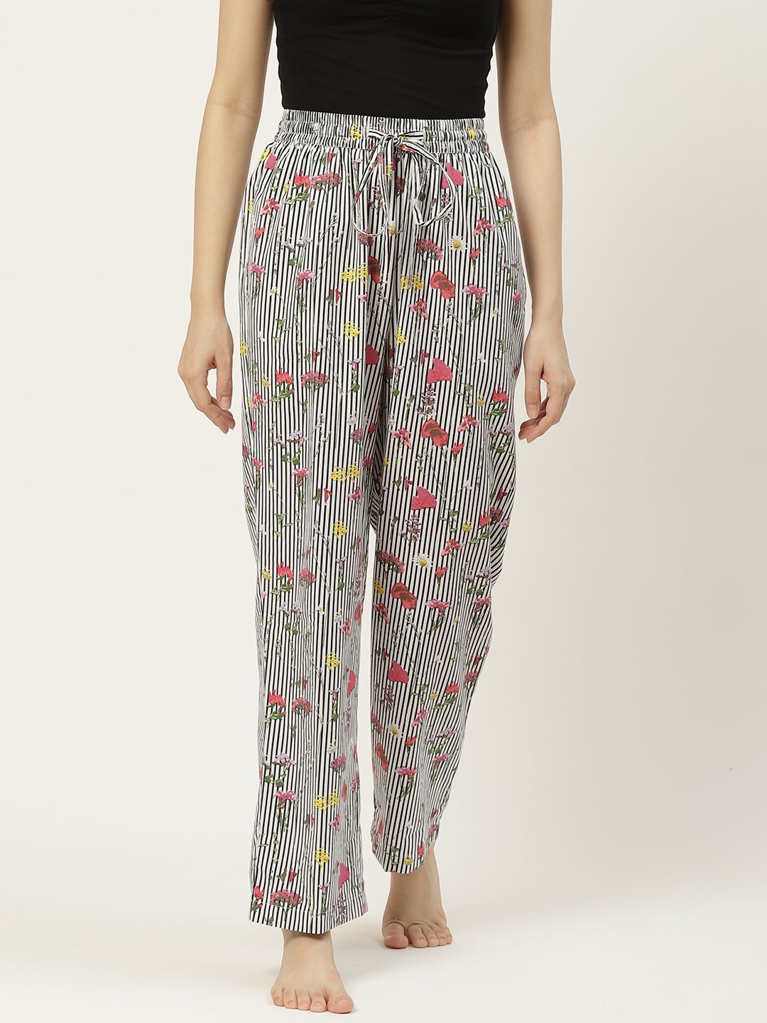 Not Just Pyjamas Women White & Multicoloured Printed cotton Lounge Pants Price in India