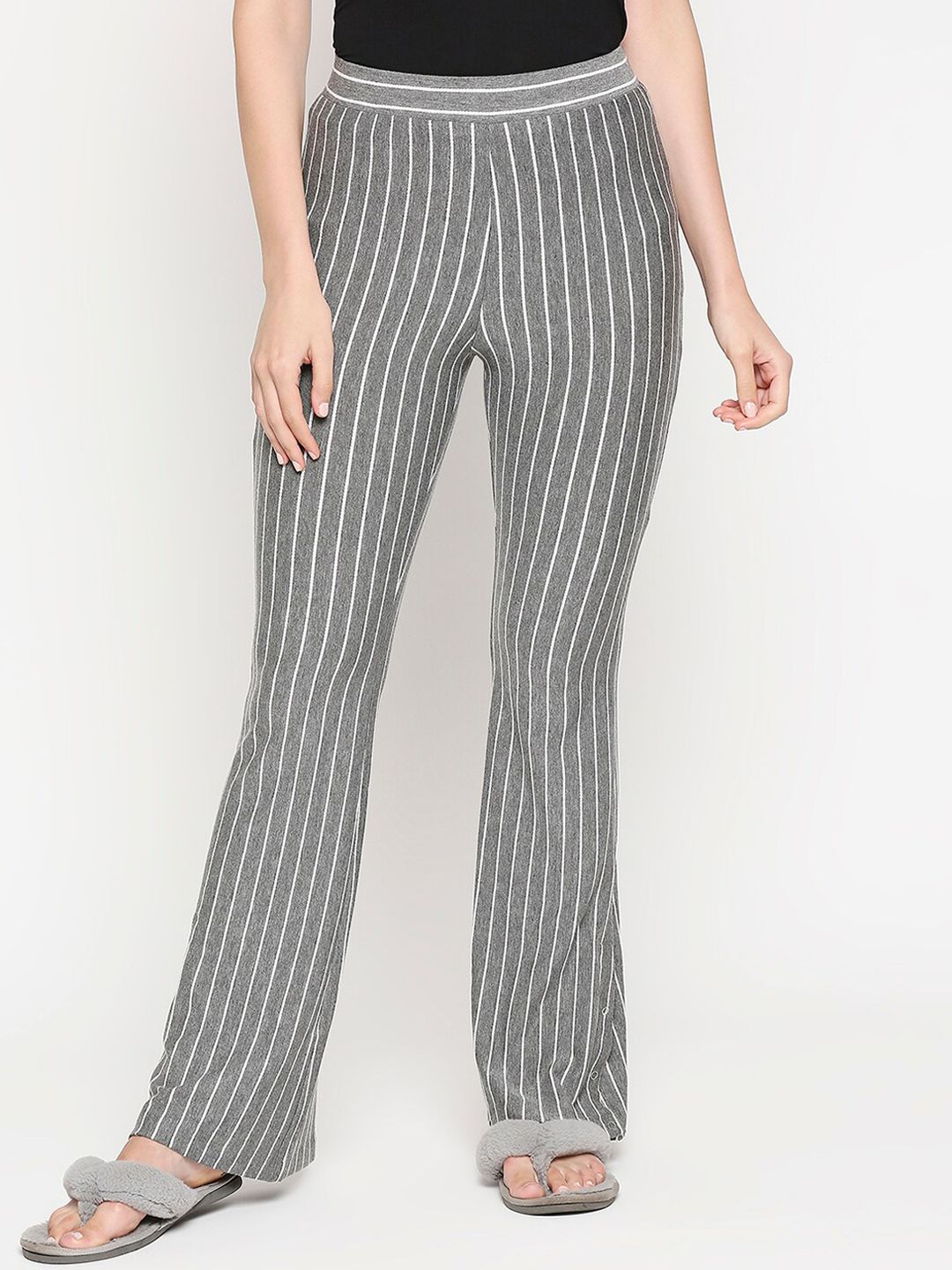 inocenCia Women Grey & White Striped Lounge Pants Price in India