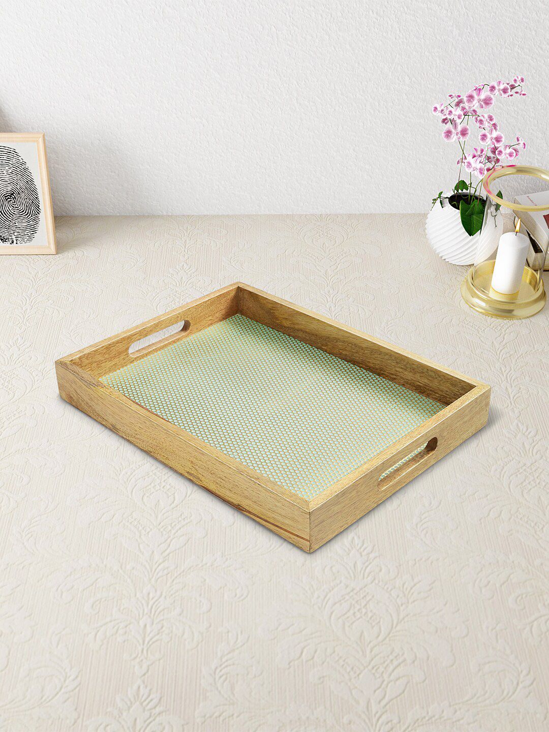 Living Scapes By Pantaloons Green & Gold-Toned Textured Tray Price in India