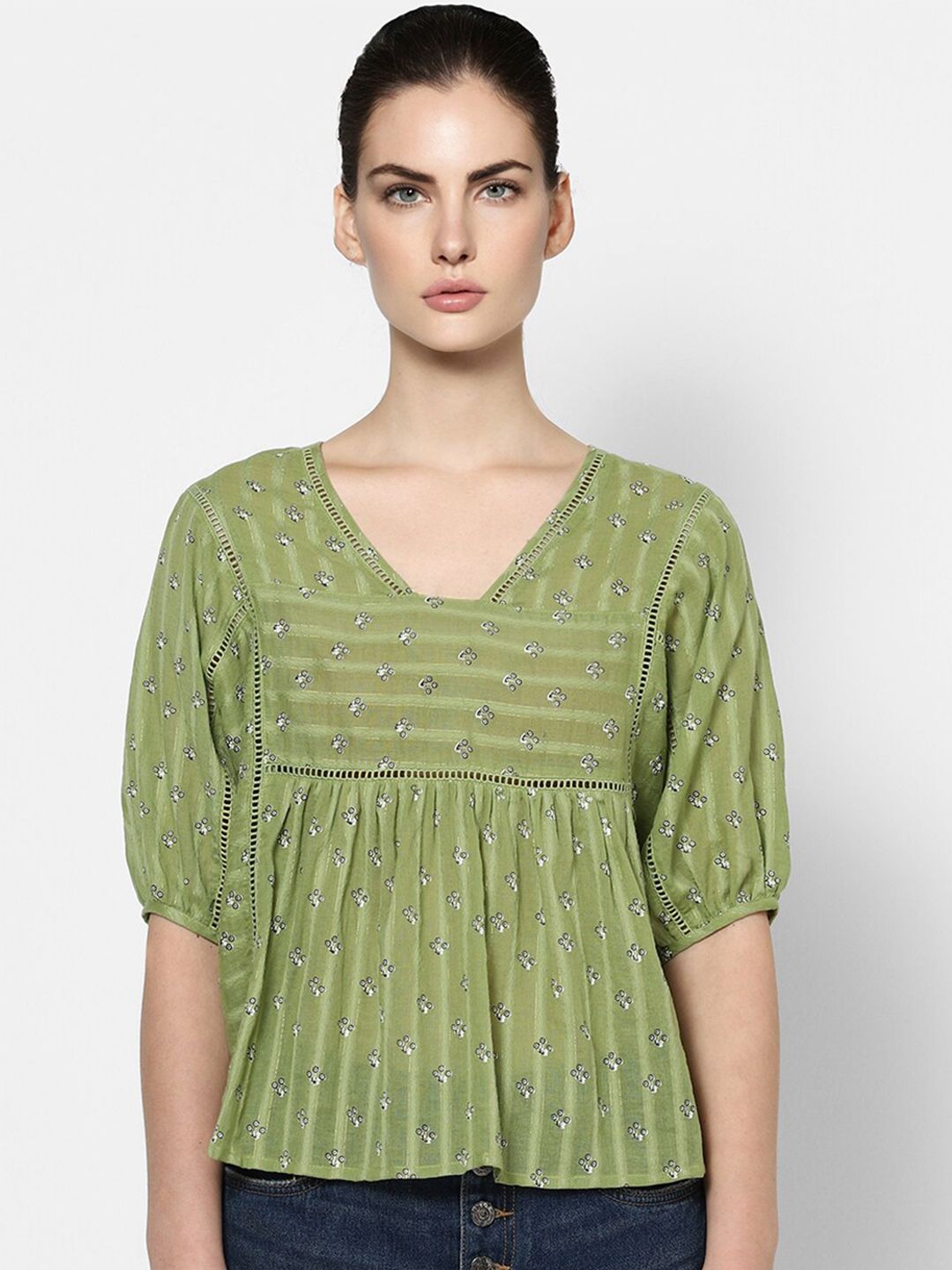 ONLY Green & White Geometric Printed Boxy Top