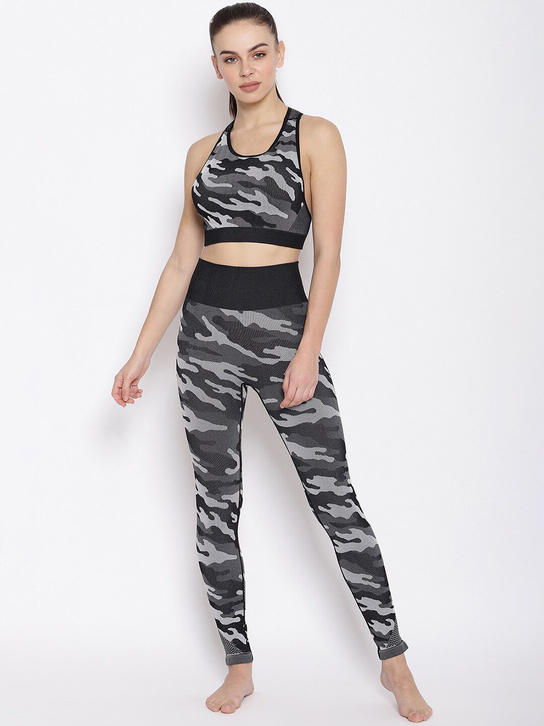 iki chic Women Black & Grey Camouflage Printed Tracksuit Price in India
