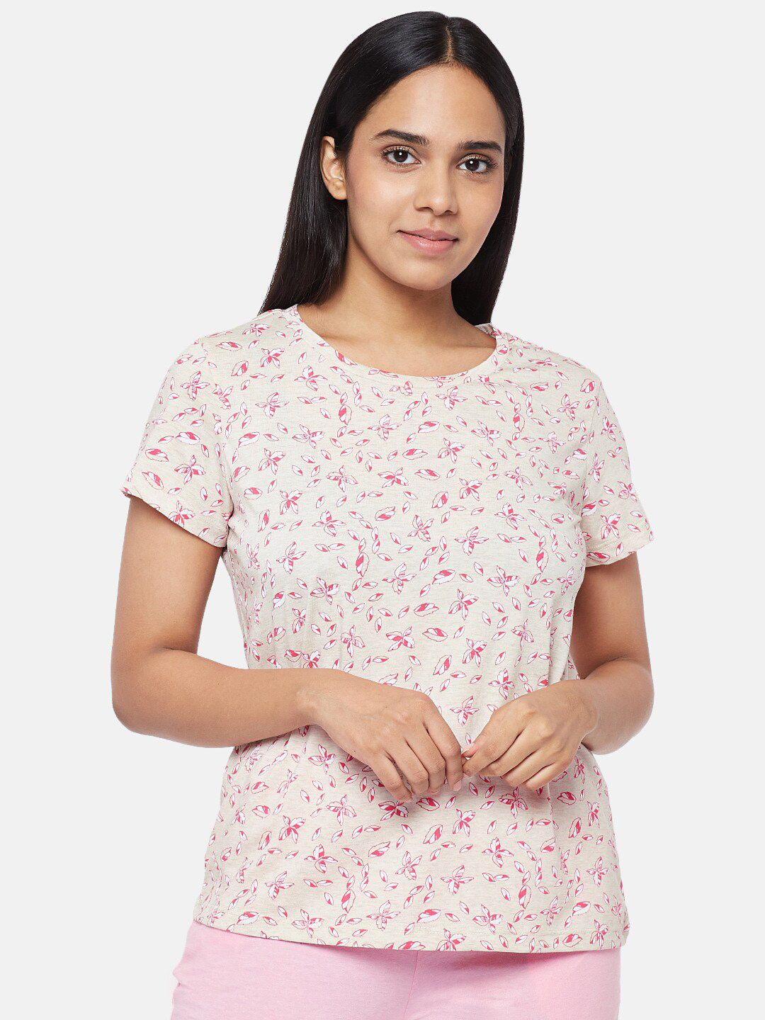 Dreamz by Pantaloons Women Beige & Pink Printed Lounge T-shirt Price in India