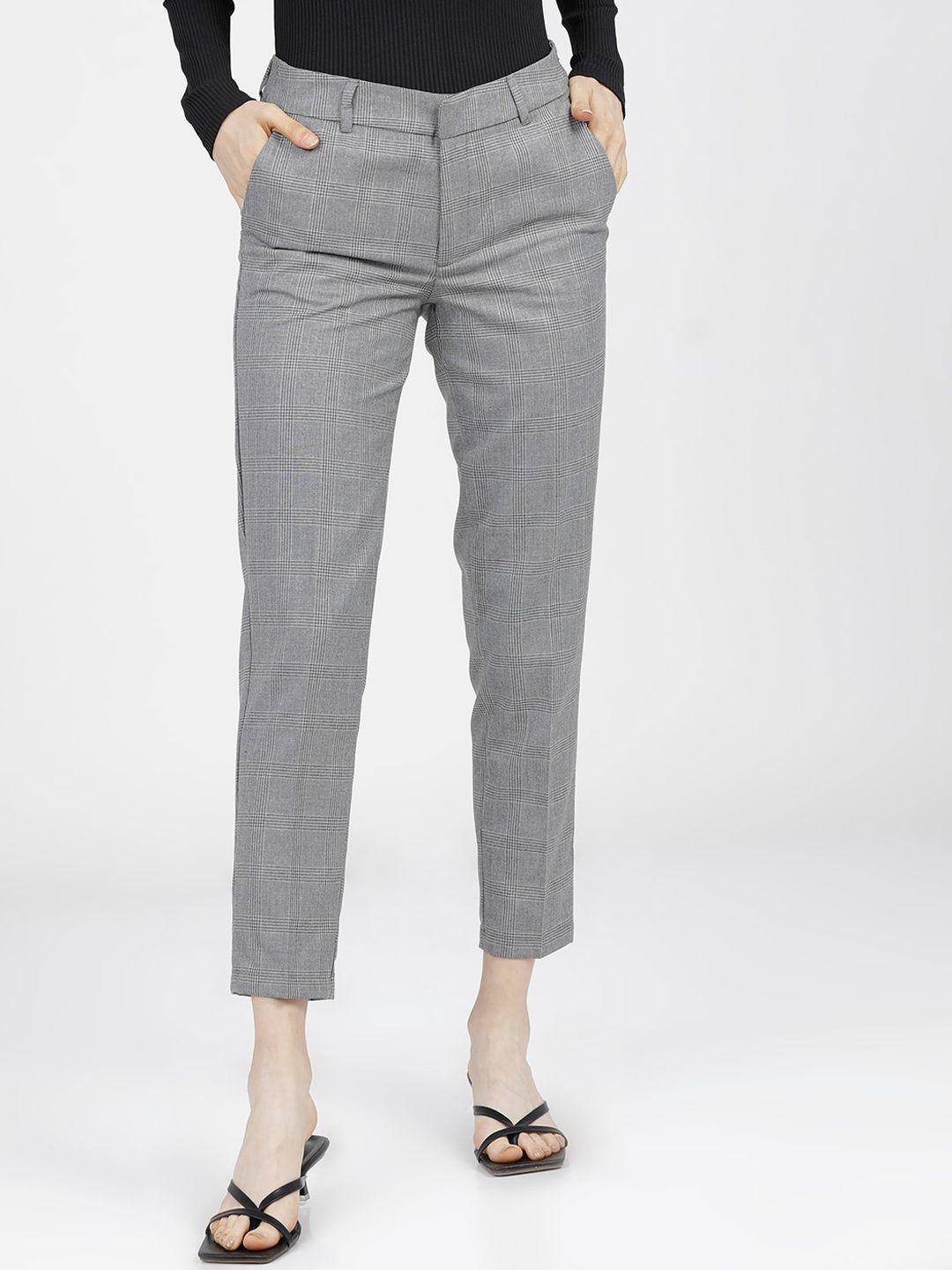 Tokyo Talkies Women Grey Checked Trousers Price in India