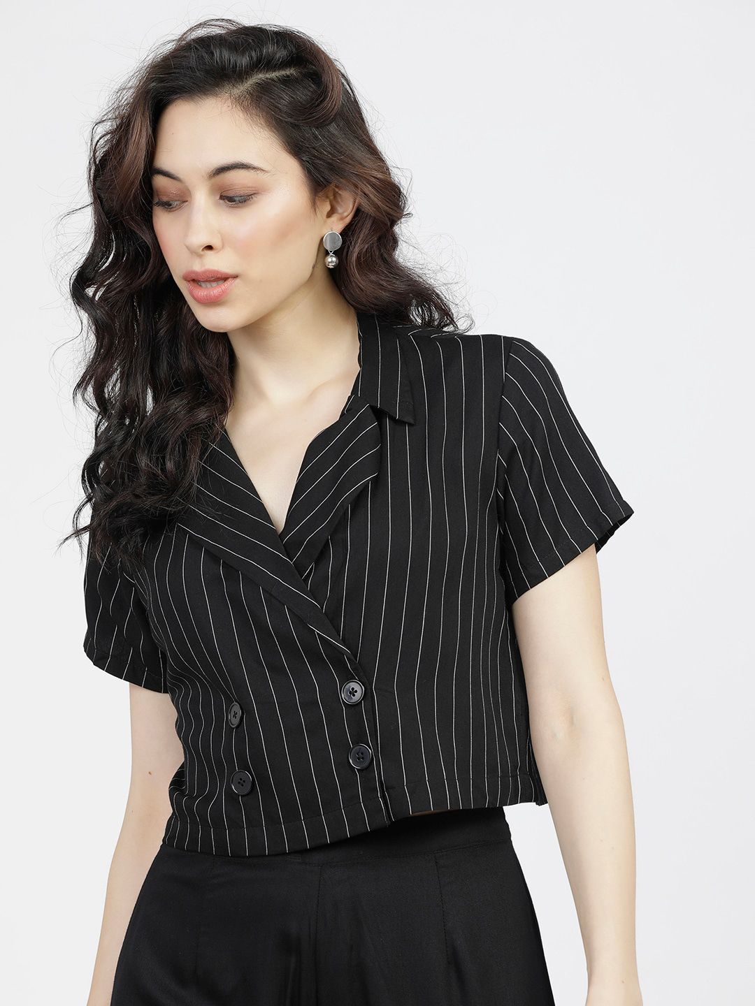 Tokyo Talkies Black Striped Shirt Style Top Price in India