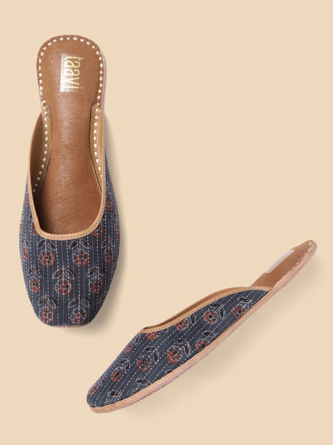 Taavi Women Navy Blue & White Pin Striped Ethnic Motifs Print Handcrafted Mules Price in India