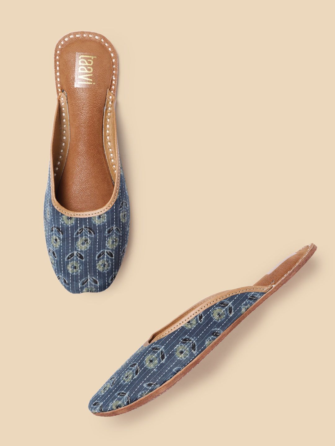 Taavi Women Blue & Green Pin Striped Ethnic Motifs Print Handcrafted Mules Price in India