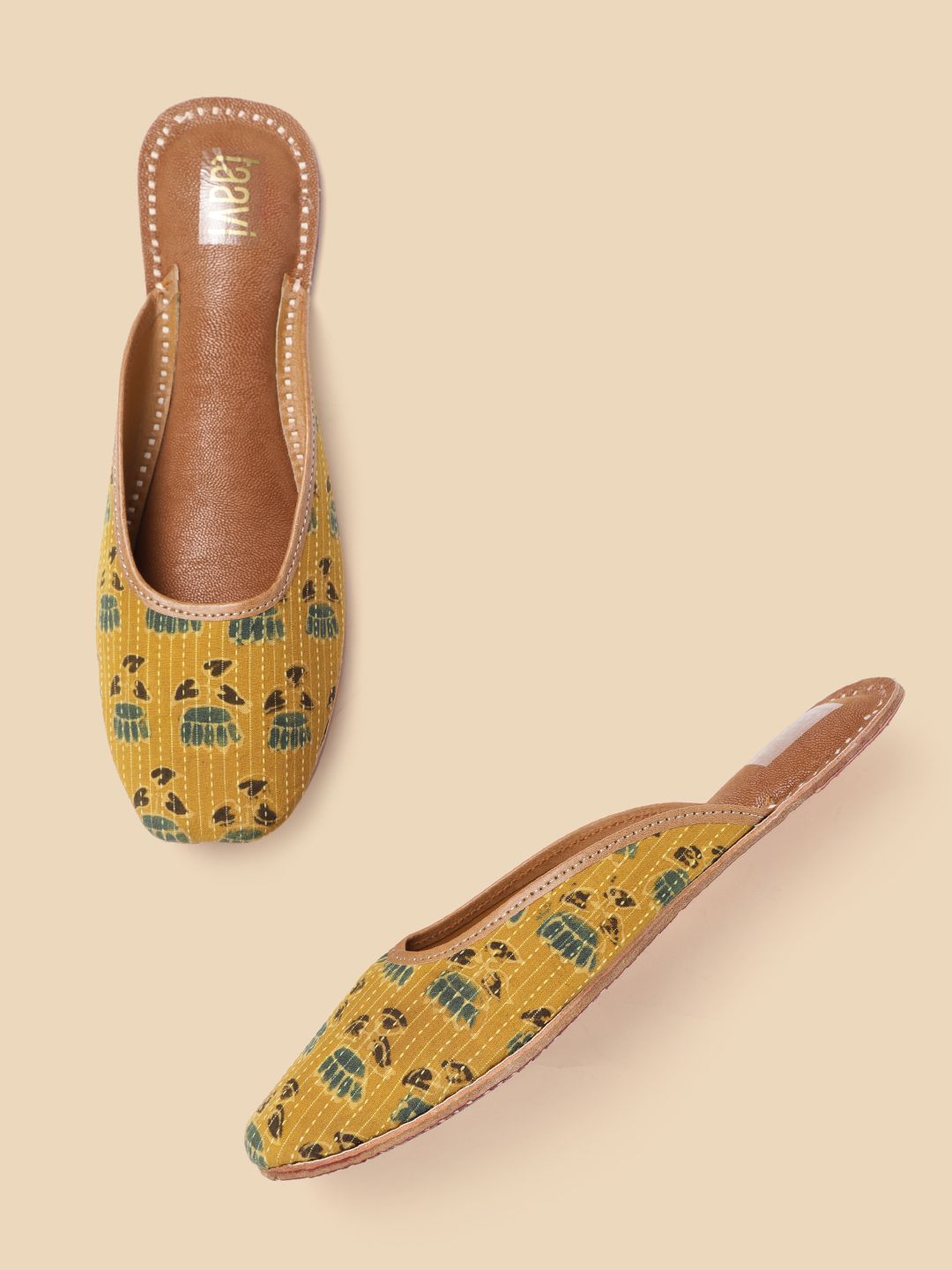 Taavi Women Mustard Yellow & Olive Green Pin Striped Floral Print Handcrafted Mules Price in India