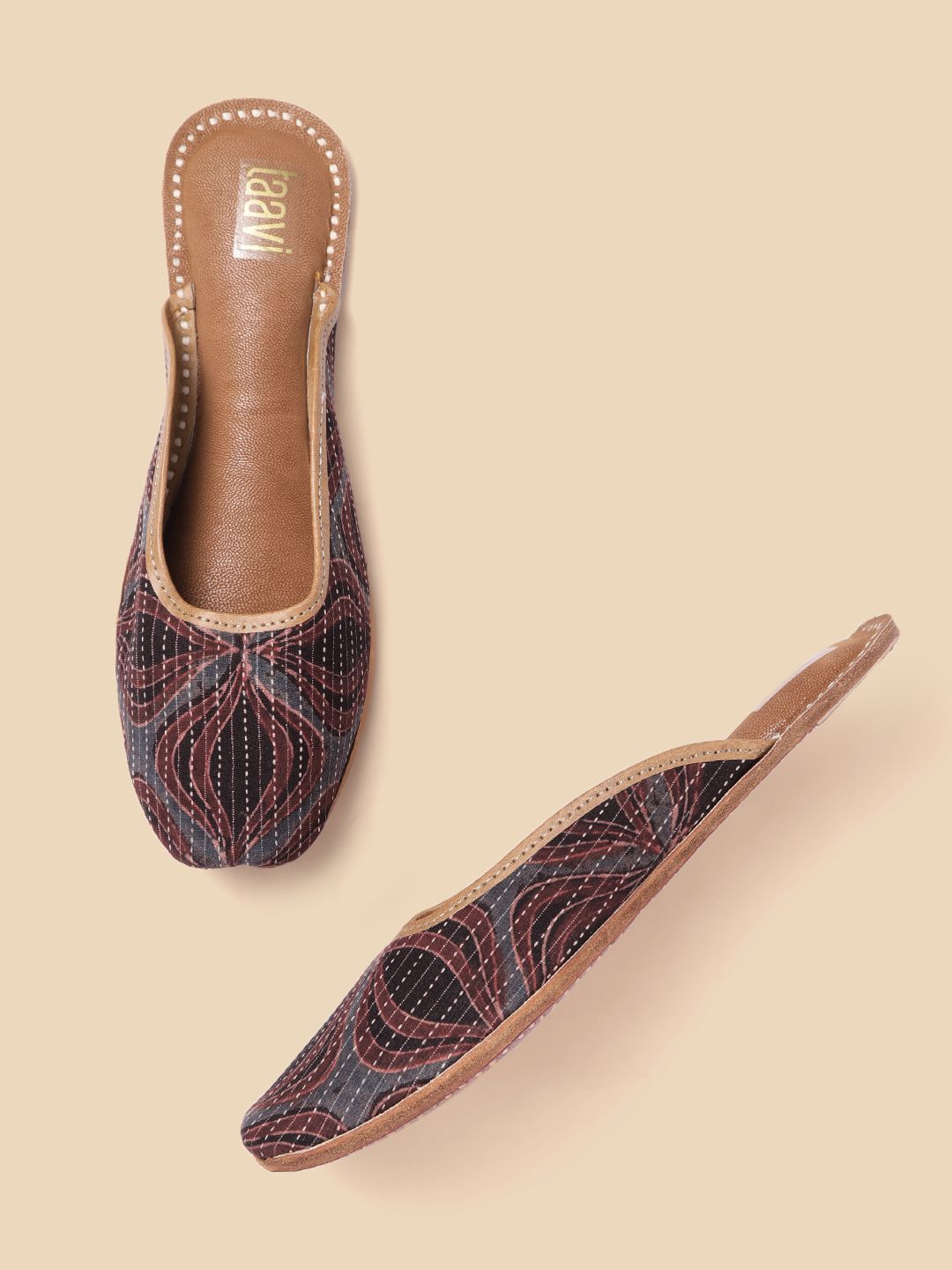 Taavi Women Charcoal Grey & Rust Orange Pin Striped Floral Print Handcrafted Mules Price in India