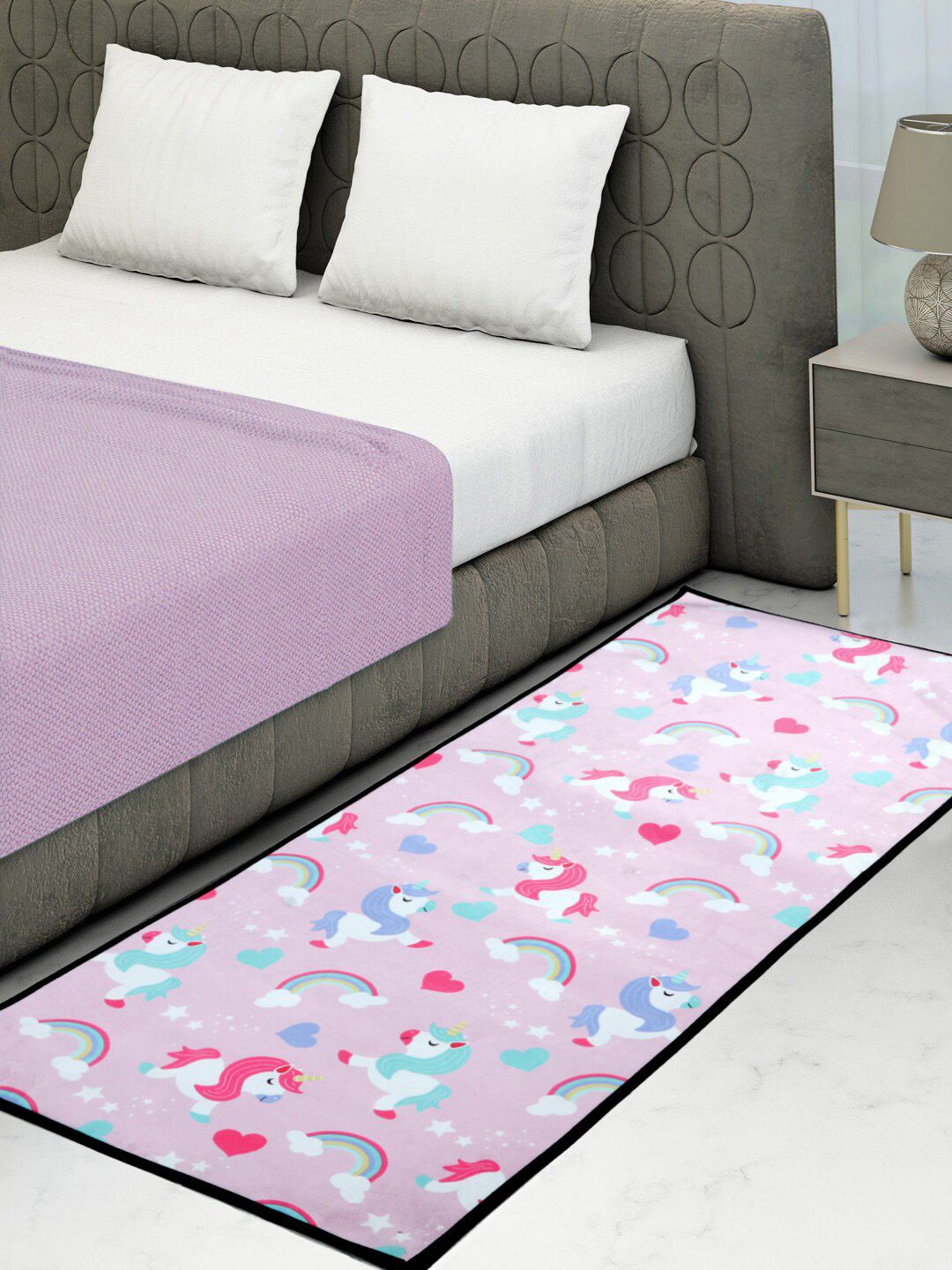 BELLA TRUE Pink & White Unicorn Digital Printed Anti-Skid Bed Runner Price in India