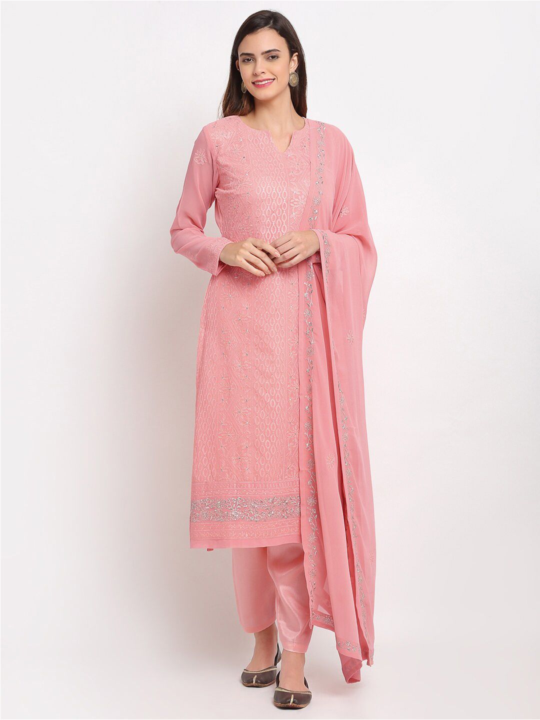 Stylee LIFESTYLE Pink Embroidered Semi-Stitched Dress Material