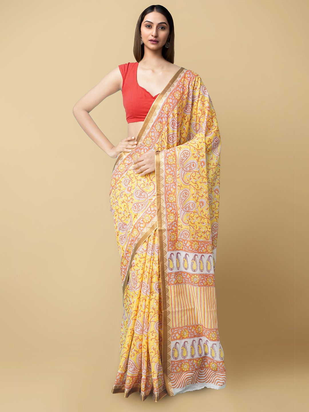 Unnati Silks Yellow & White Floral Pure Cotton Dabu Saree