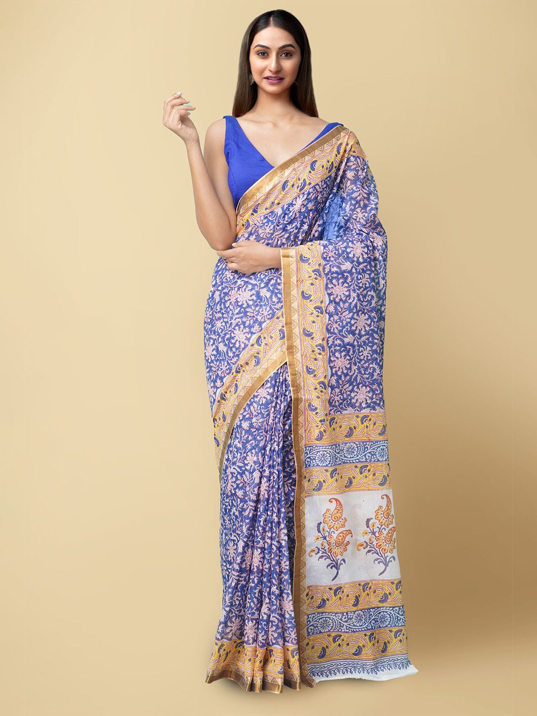 Unnati Silks Blue & White Floral Pure Cotton Dabu Saree
